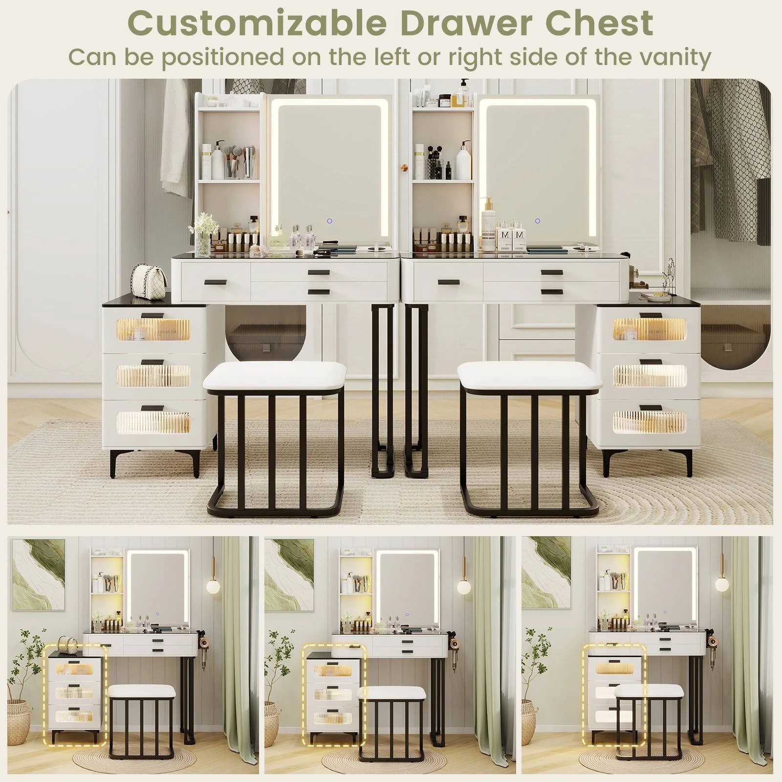 8 Costway Dressing Table Stool Set w/Vanity LEDs Mirror Power Outlets, 8 of 9