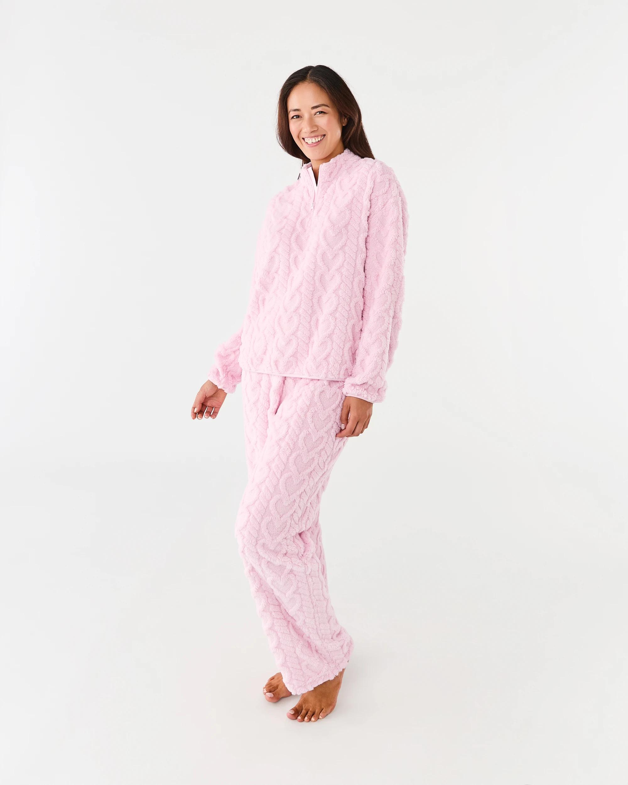 2 Quarter Zip Fleece Long Sleeve Top and Pants Pyjama Set Bllet Pink, 2 of 6