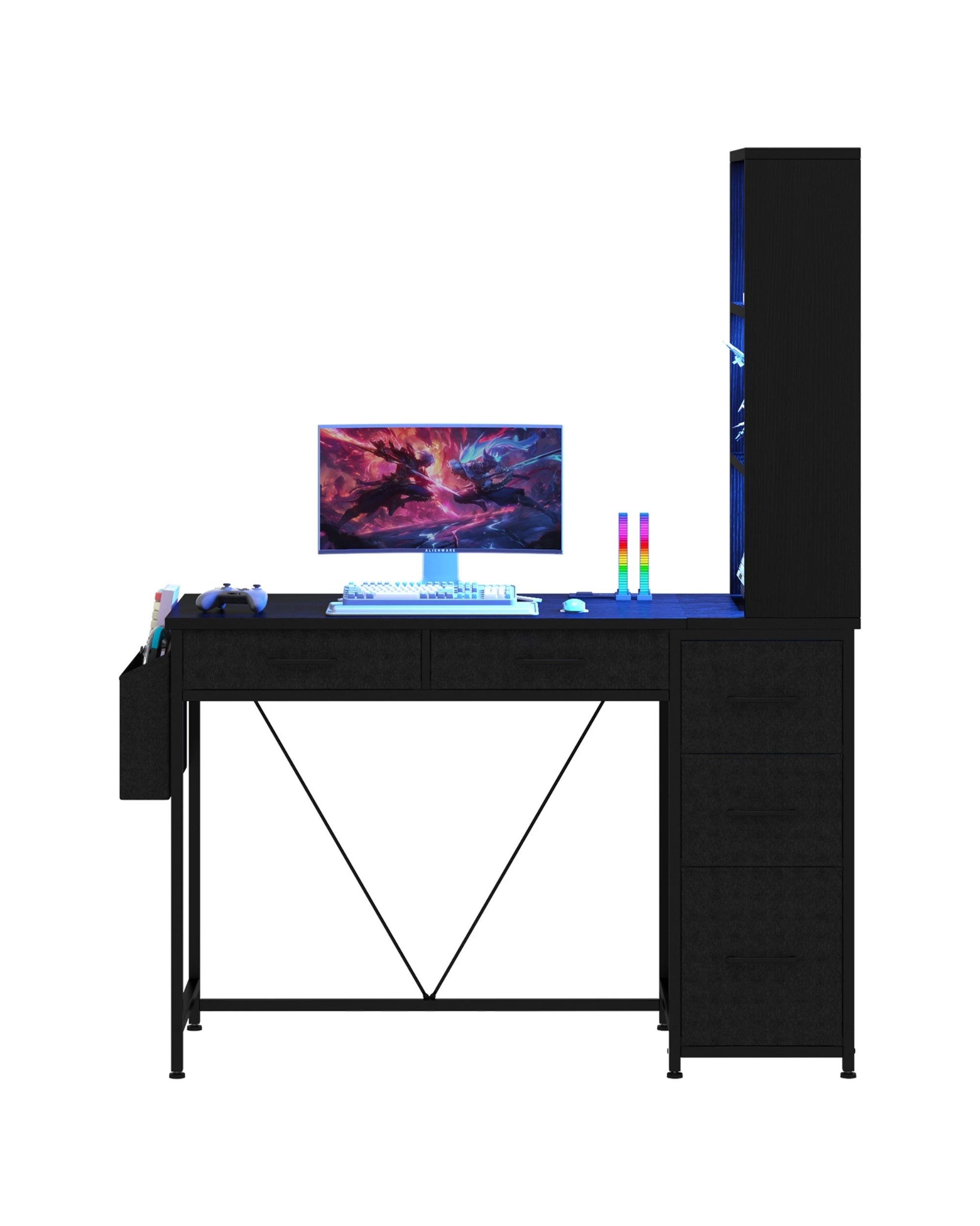 6 Ufurniture LED Gaming Desk with Bookshelf, 4 Drawers & File Cabinet, Reversible Corner Computer Desk for Study - Black, 6 of 9