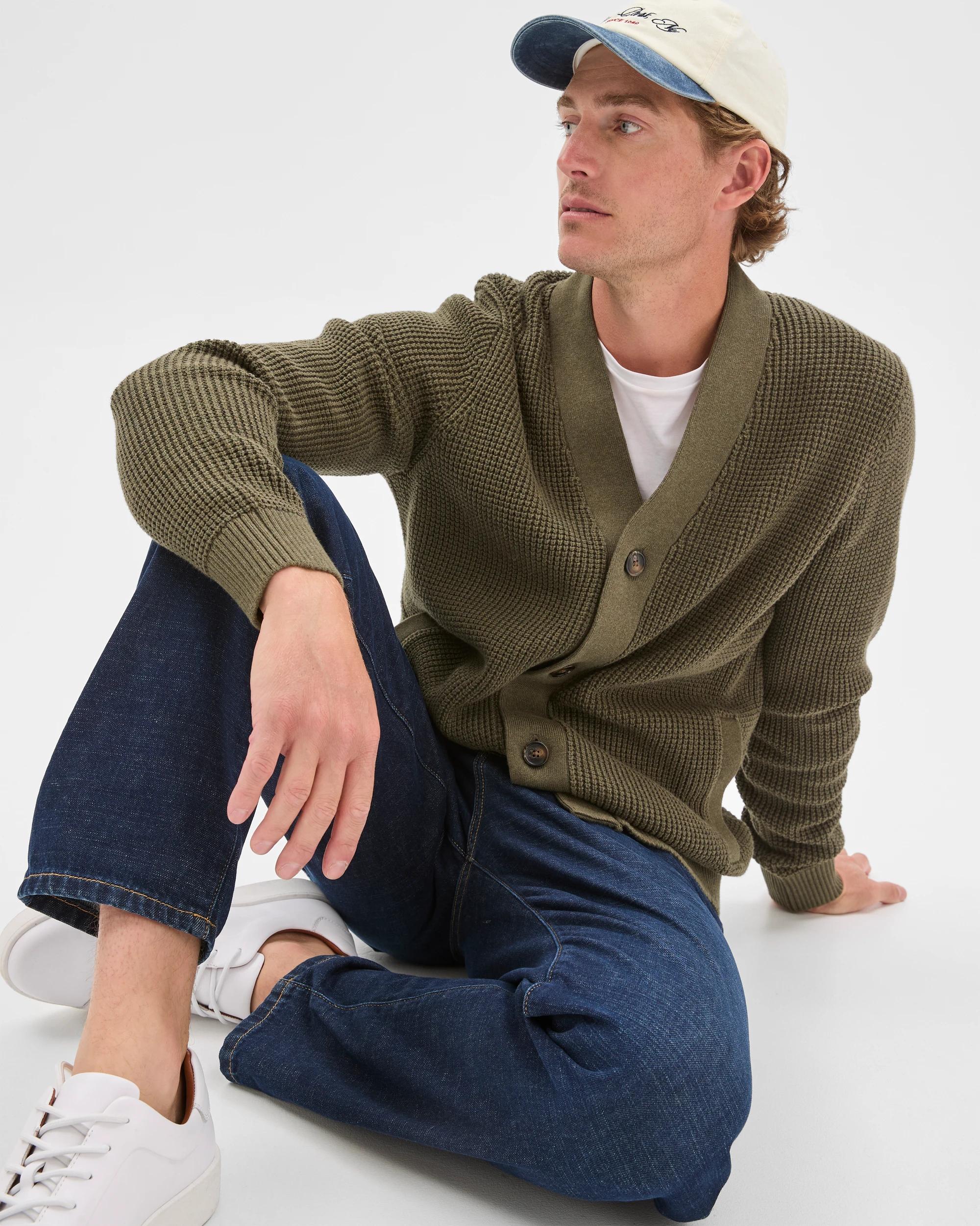 2 Target Man Australian Cotton V-Neck Waffle Knit Cardigan KHAKI, 2 of 6