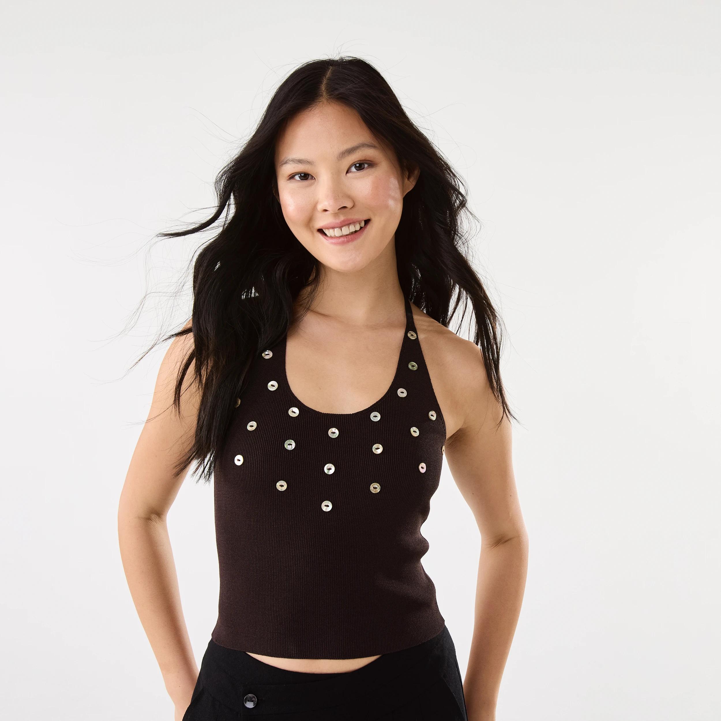 1 Sleeveless Button Detail Top Choc Plum, 1 of 4