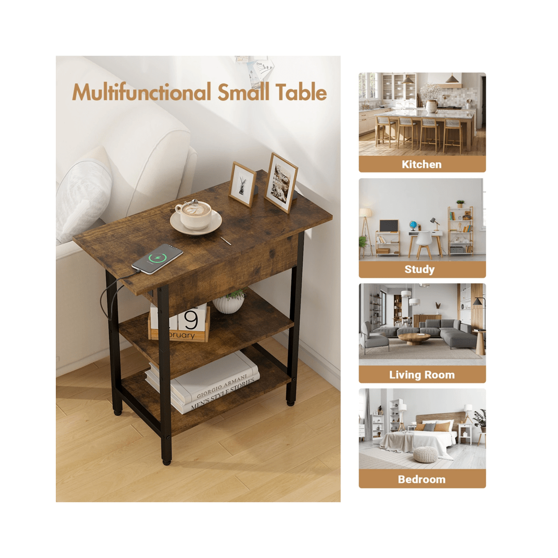 8 Advwin Side Table Flip Top Sofa End Table W/ Charging Station Narrow Bedside Table Walnut, 8 of 8