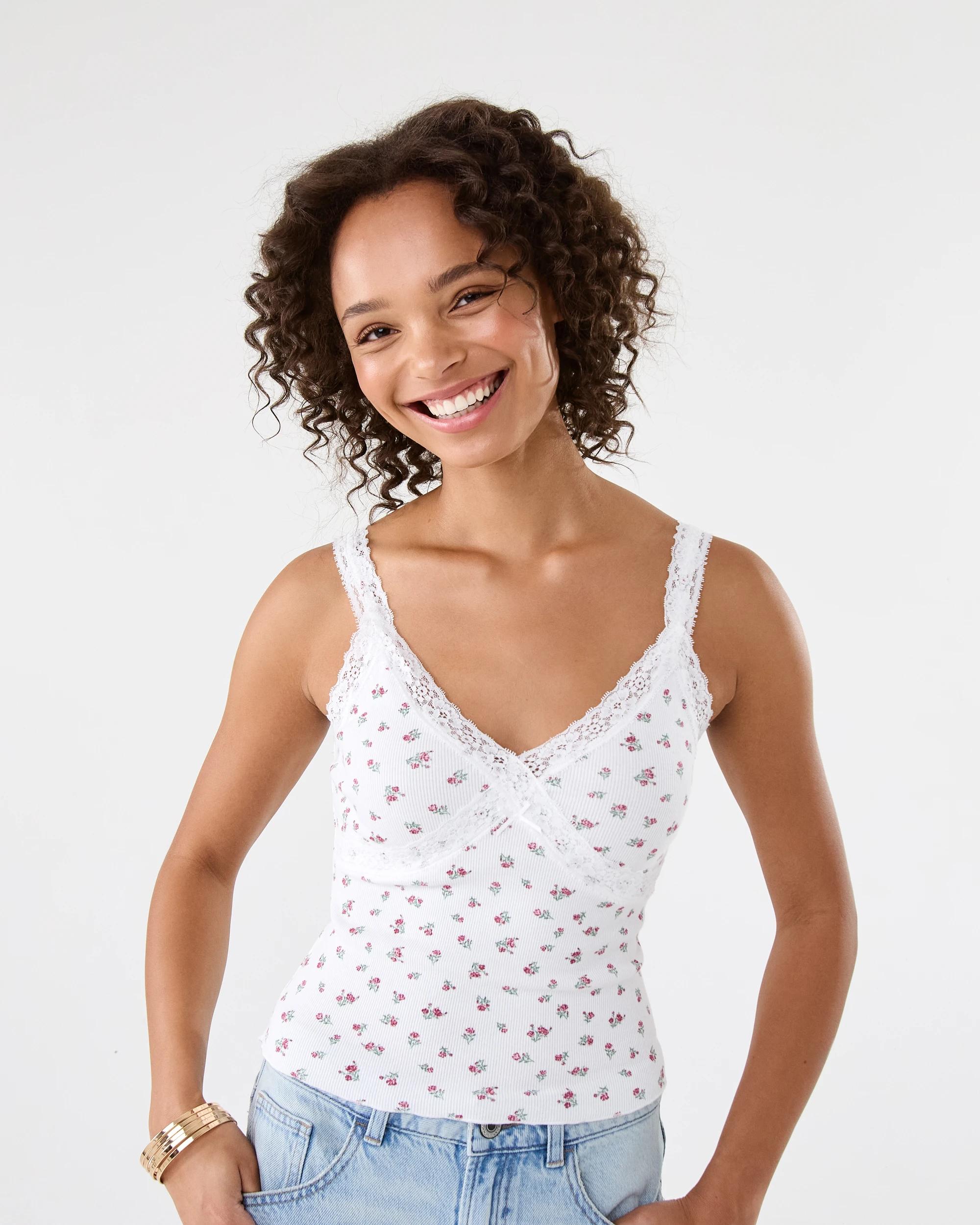 1 Sleeveless Lace Trim Cami Pink Ditsy, 1 of 7