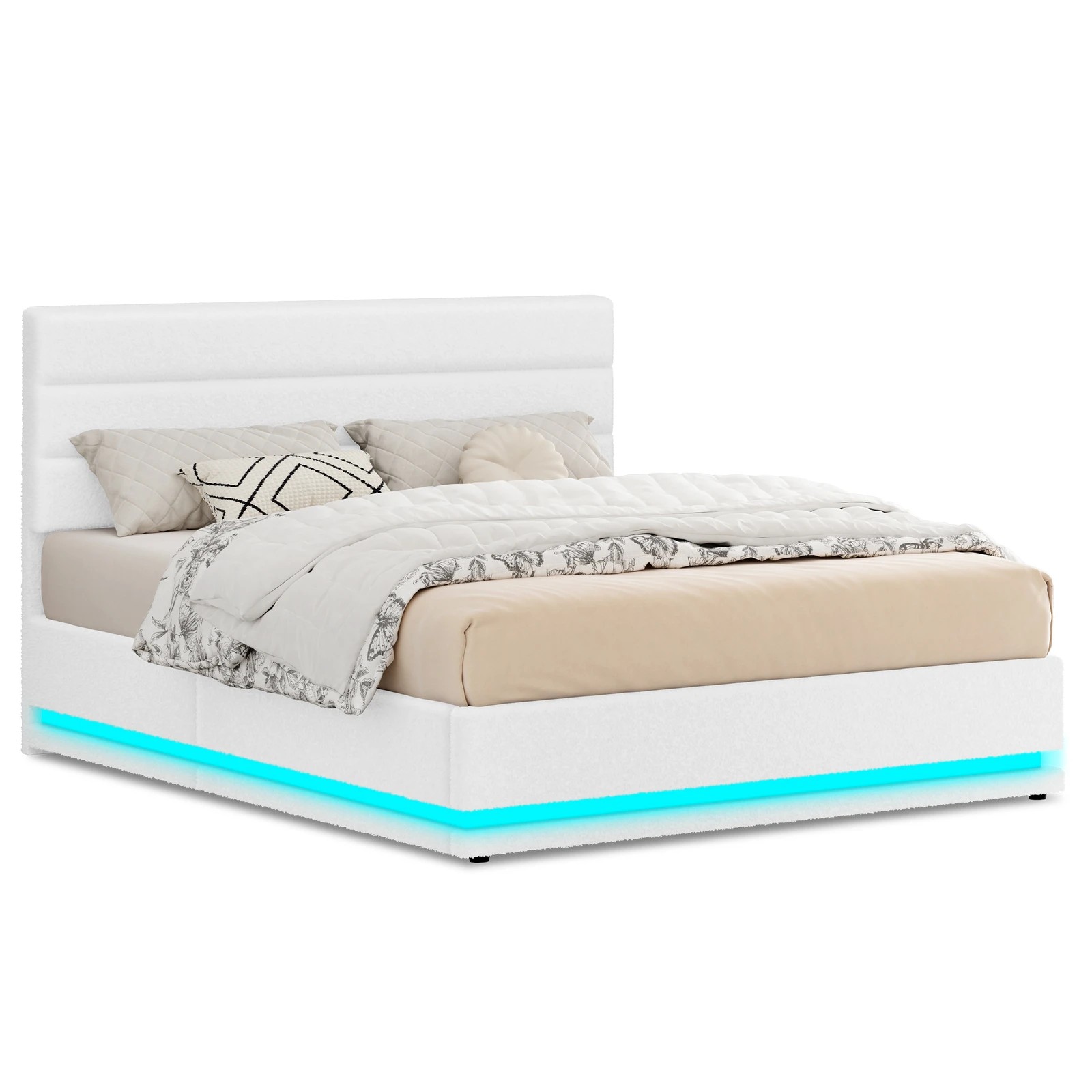 1 Alfordson Bed Frame Queen Size Platform RGB LED Gas Lift Base Storage Boucle - White, 1 of 10