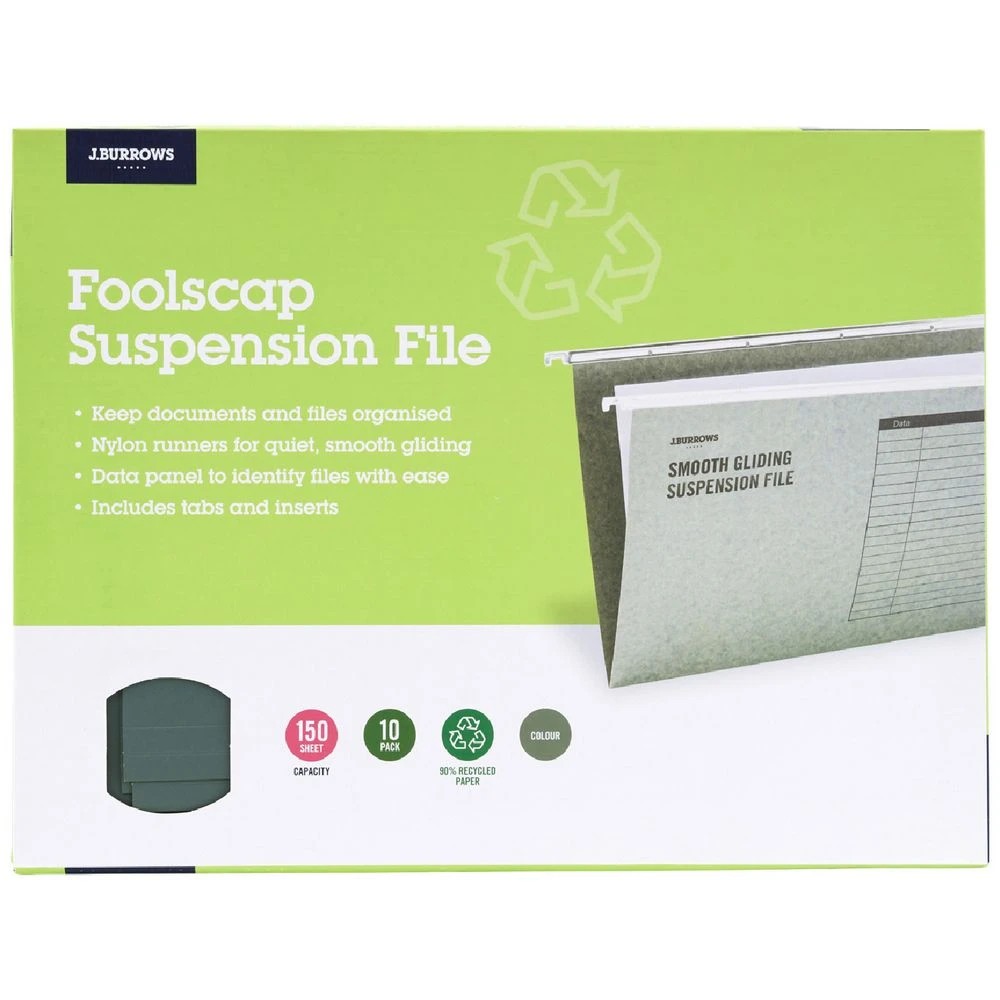 1 J.Burrows Foolscap Suspension Files Green 10 Pack, 1 of 3