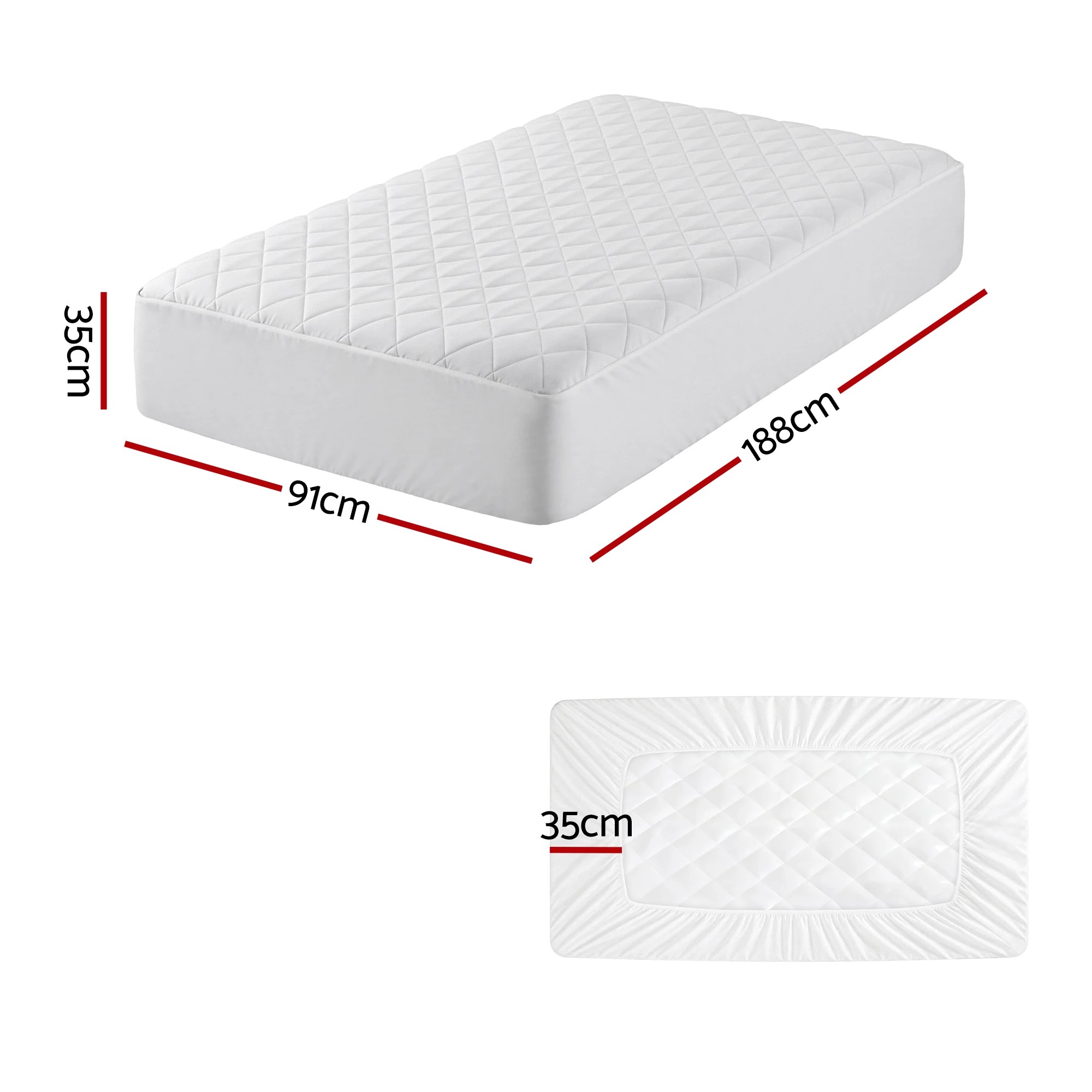 2 Giselle Bedding Waterproof Mattress Protector 100% Cotton Quilted Fitted Cover - Single Bed - White, 2 of 3
