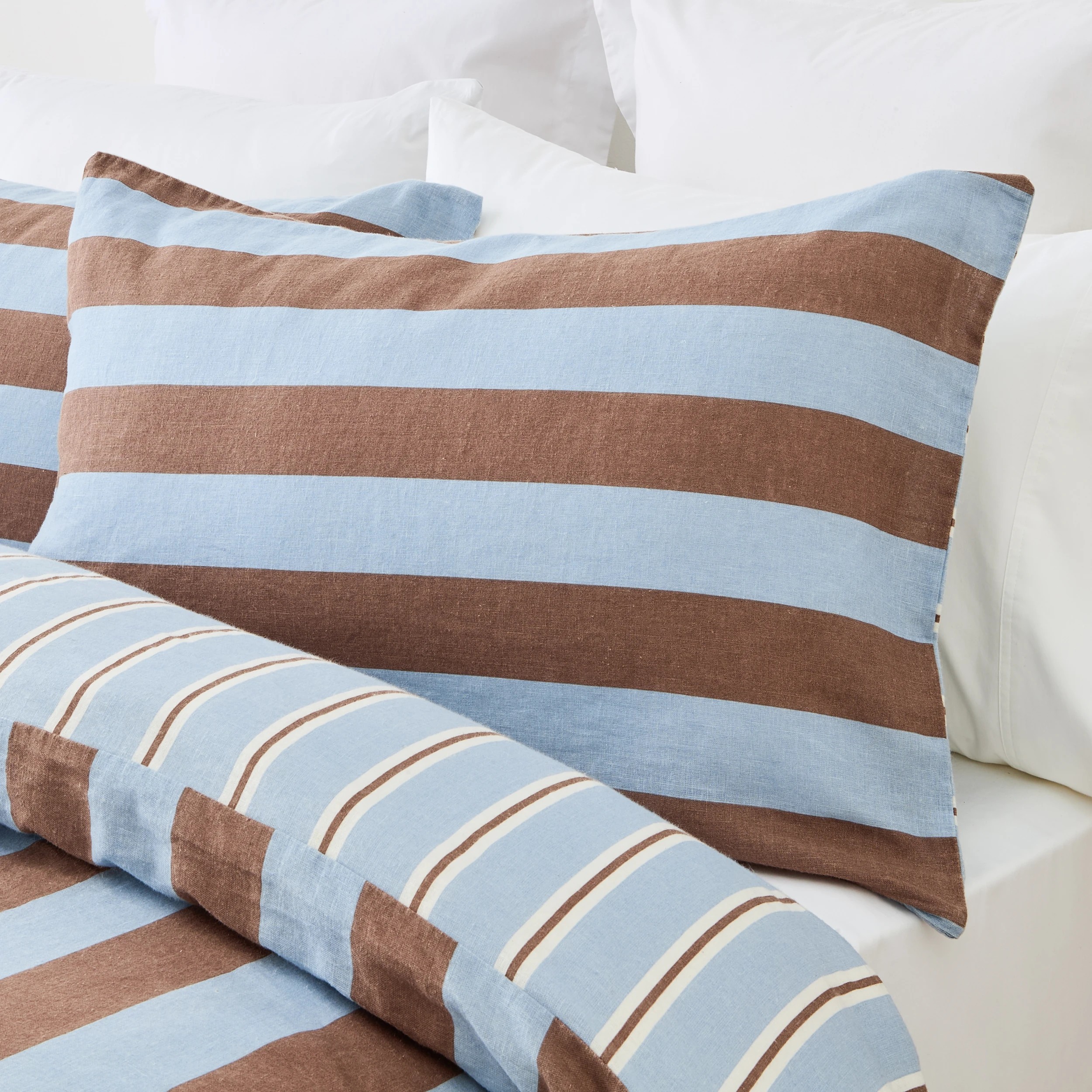 3 Stripe Linen Cotton Reversible Quilt Cover Set - King Bed, Blue and Tan, 3 of 8