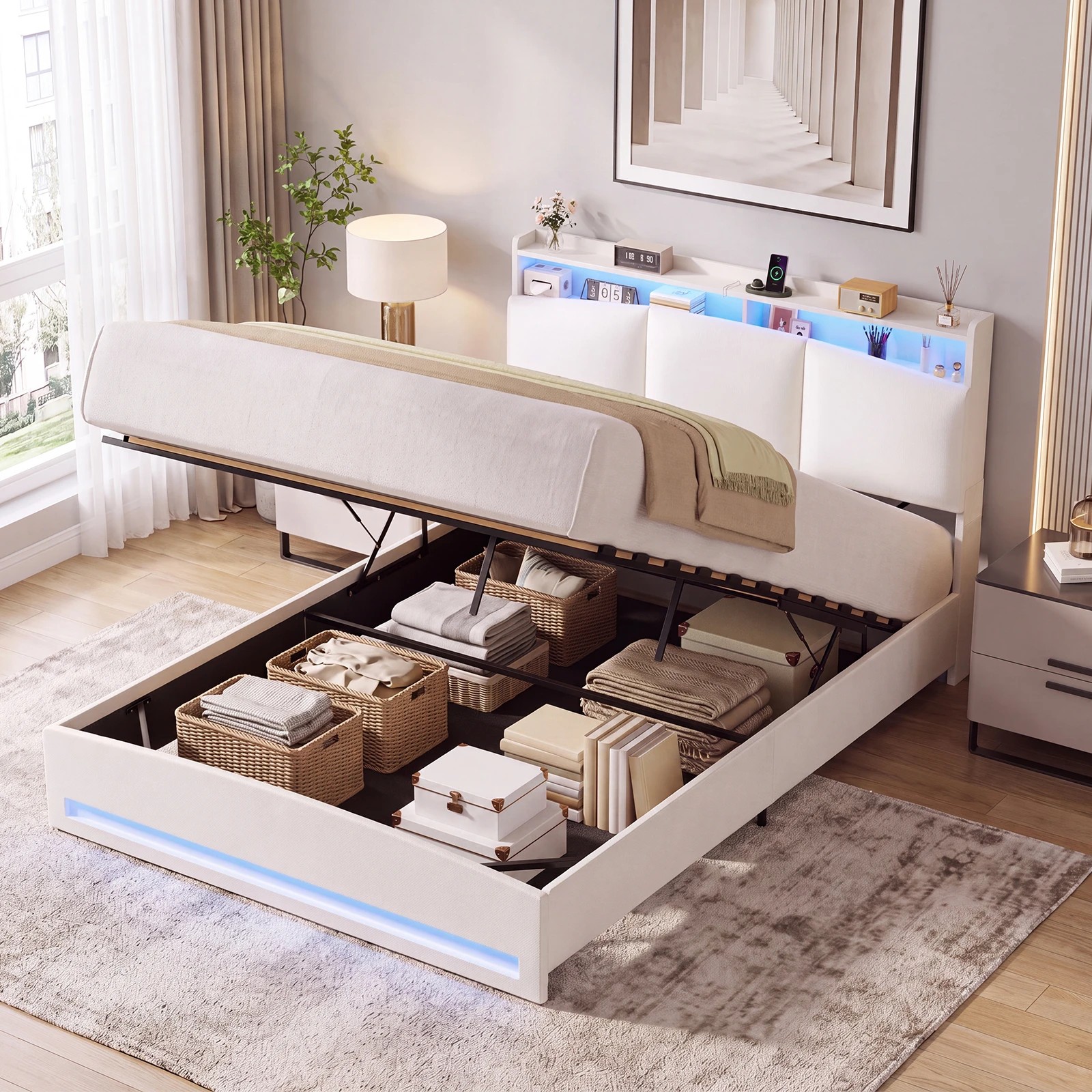 2 Advwin Double Gas Lift Storage Bed Frame with Charging Station - Beige, 2 of 8
