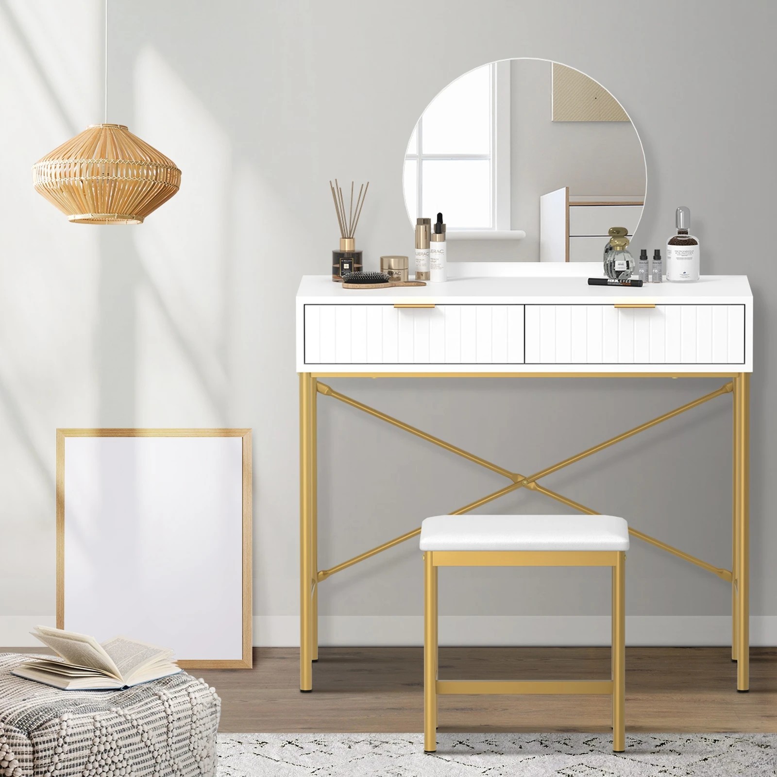 3 Oikiture Dressing Table Stool Set With Mirror Vanity Makeup Desk 2 Drawers
 - White, 3 of 9