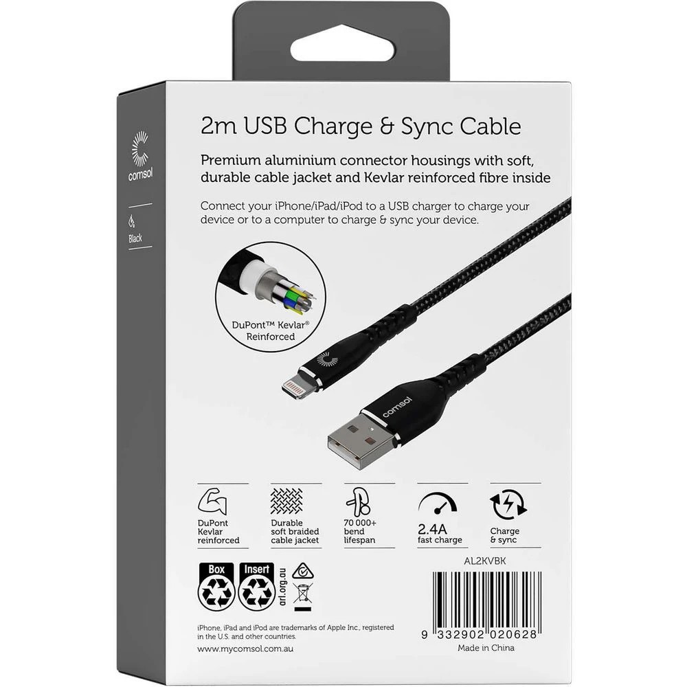 7 Comsol Kevlar Lightning to USB-A MFi Cable 2m Black, 7 of 7