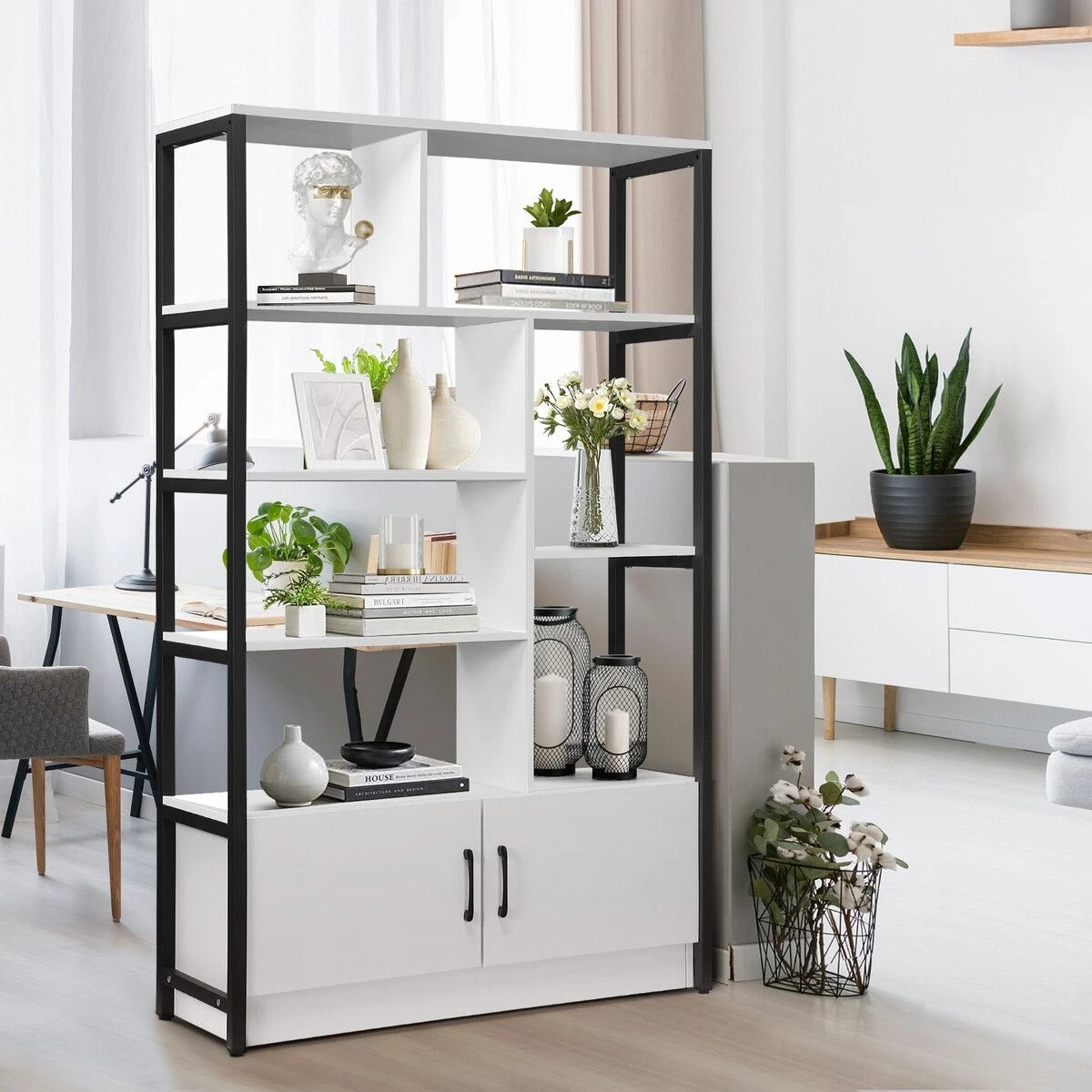 5 LUXSUITE 5 Tier Display Shelf Bookshelf Storage Cabinet Rack with 2 Lockable Doors, 5 of 9