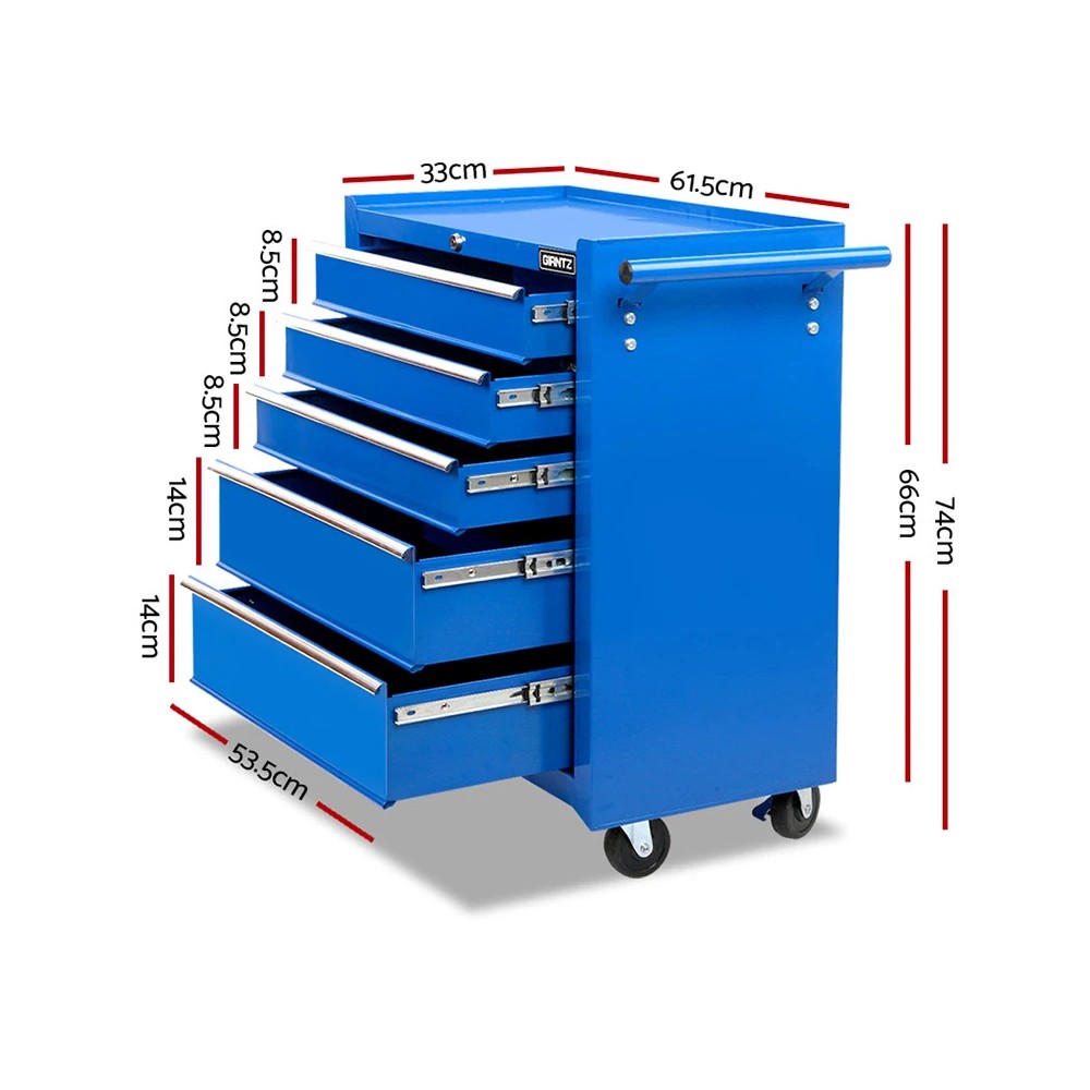 2 Giantz 5 Drawer Tool Box Cabinet Chest Trolley Box Garage Storage Toolbox - Blue, 2 of 8