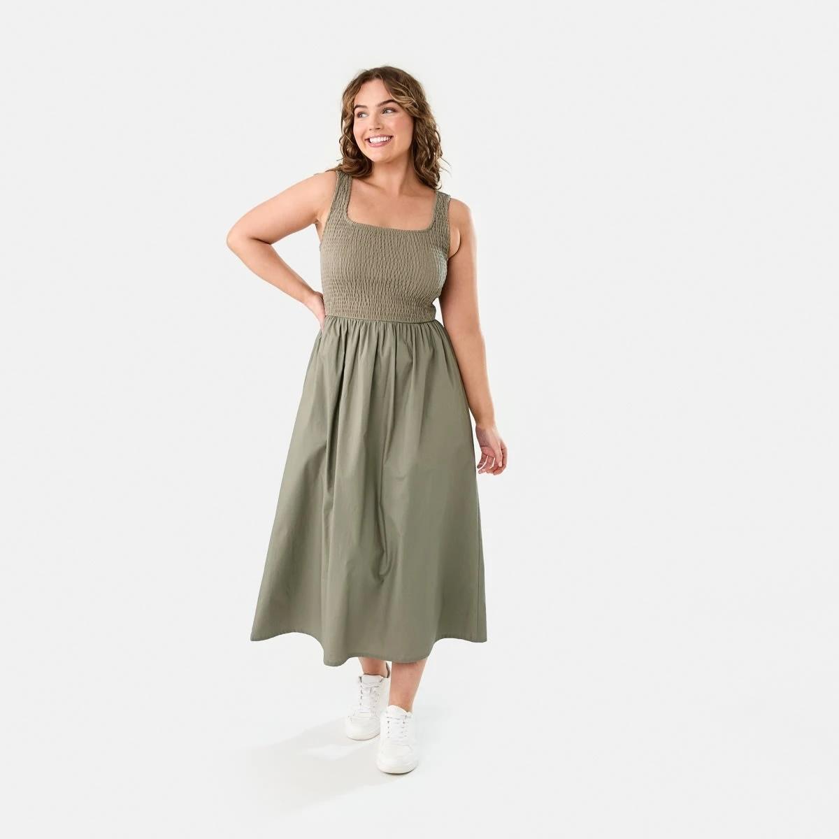 1 Sleeveless Shirred Knit Woven Midi Dress PAVEMENT GREY, 1 of 8