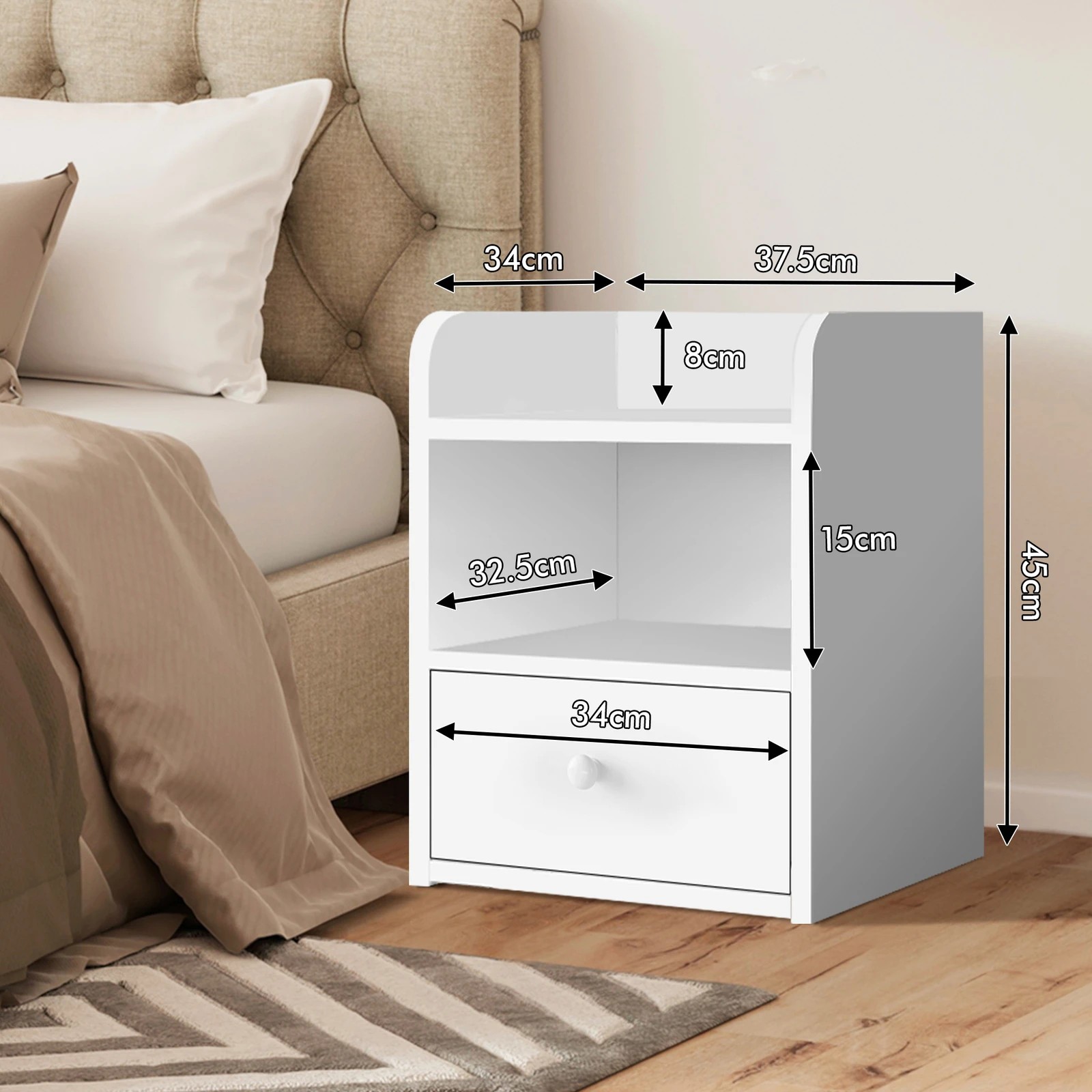 5 Alfordson 2x Bedside Table Nightstand Storage Cabinet Side End 1 Drawer - White, 5 of 8