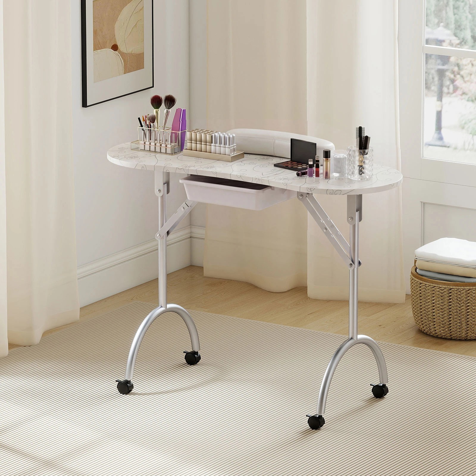 4 Costway Foldable Manicure Table w/Wheels Professional Nail Technician Desk - White, 4 of 5