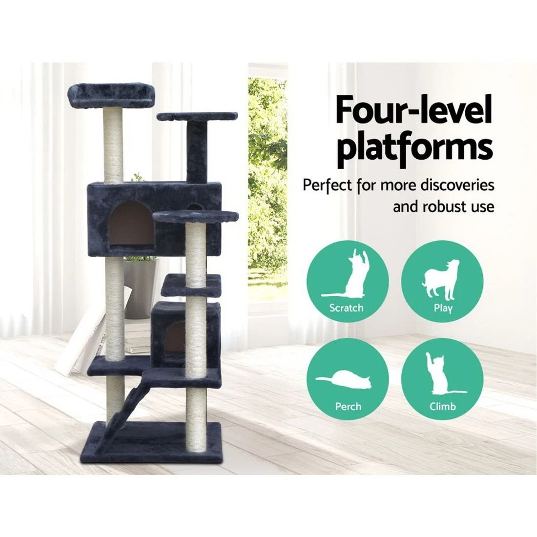 4 i.Pet Cat Tree 134cm Tower Scratching Post Scratcher Wood Condo House Bed - Grey, 4 of 7