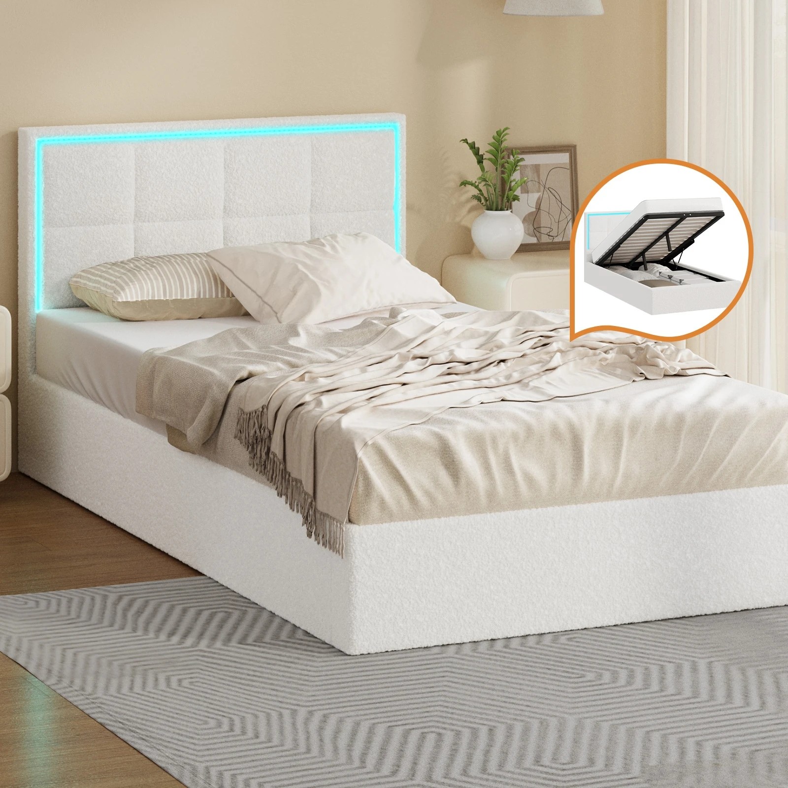 3 Oikiture Bed Frame Single Size RGB LED Gas Lift Storage Base Boucle - White, 3 of 9