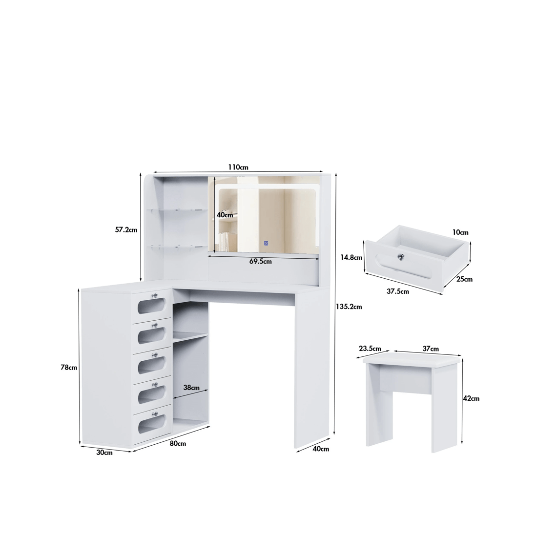 3 Advwin Corner Dressing Table L Shaped with Mirror and Lights 5 Drawers - White, 3 of 7
