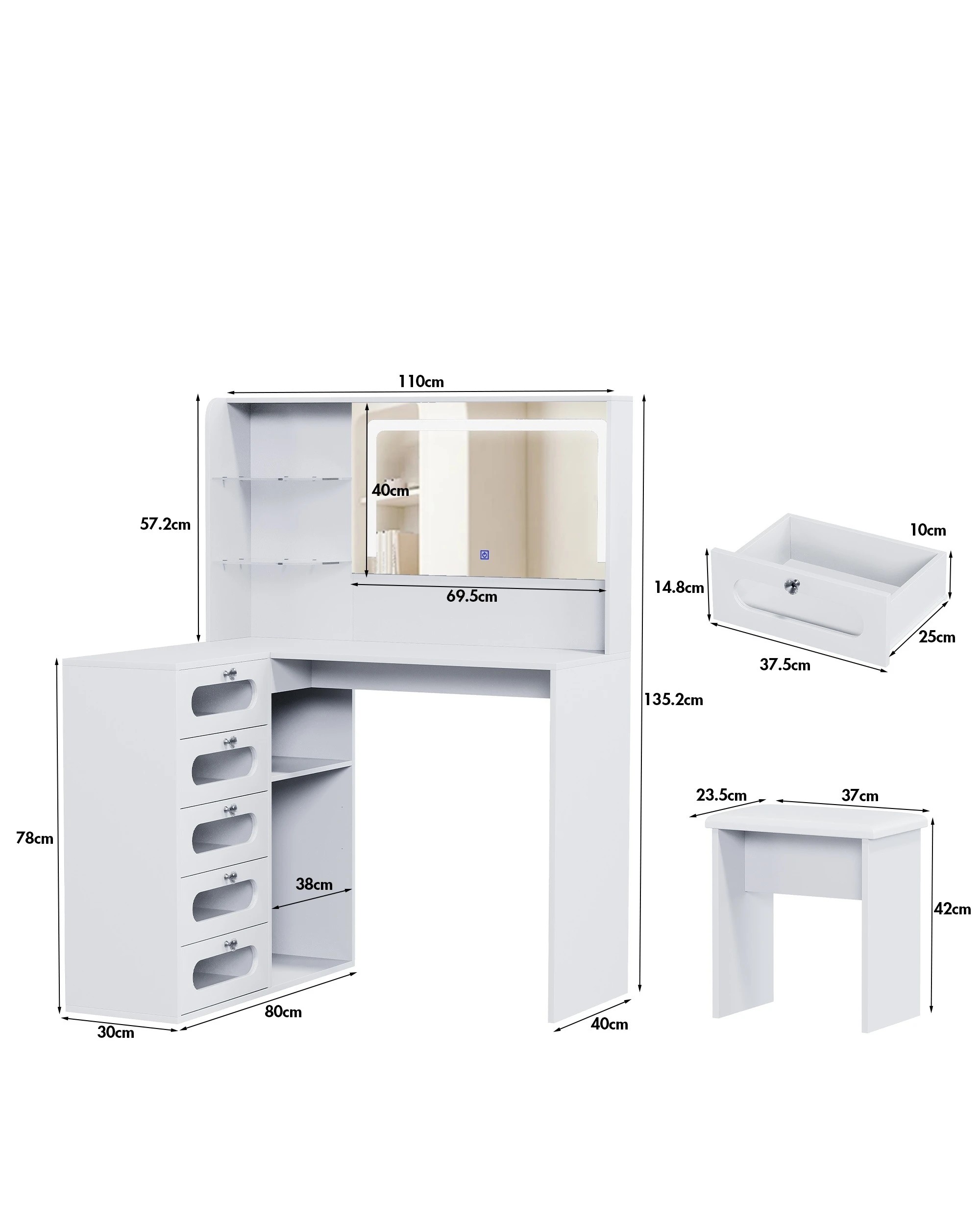 3 Advwin Corner Dressing Table L Shaped with Mirror and Lights 5 Drawers - White, 3 of 7