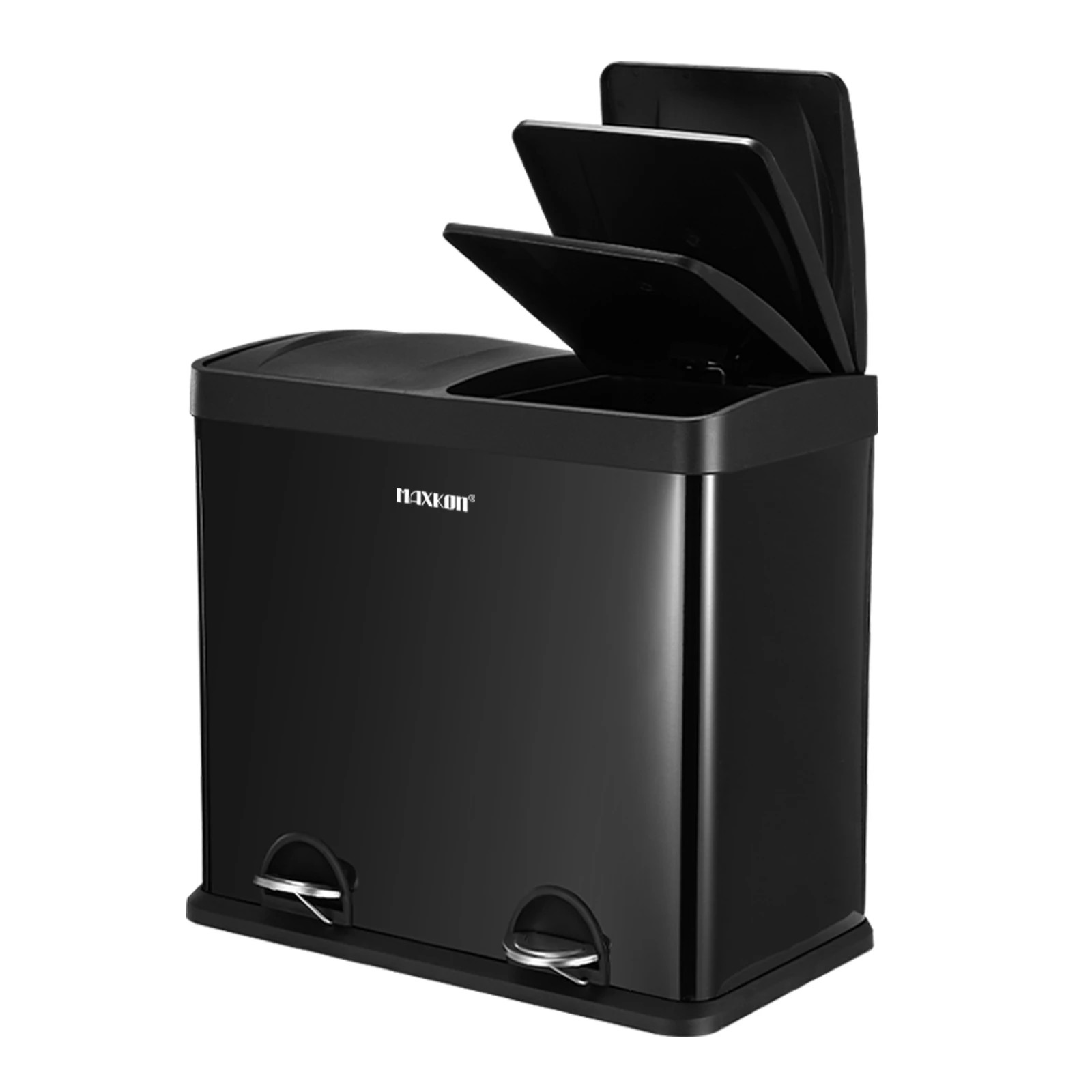 4 Maxkon 60L Rubbish Bin Dual Compartment Dustbin Pedal Recycling Trashcan Modern Kitchen Waste Garbage Coated Steel Black, 4 of 8