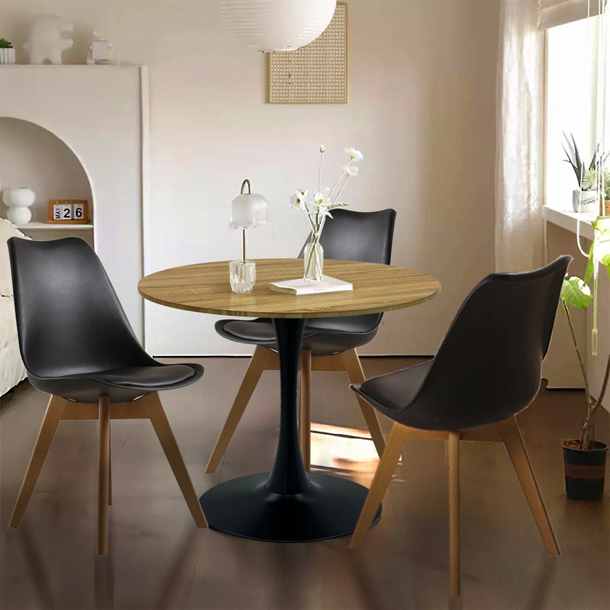 2 Foret Modern Round Dining Table Tulip Coffee Table 80cm Wooden Top Metal Legs Bk, 2 of 7