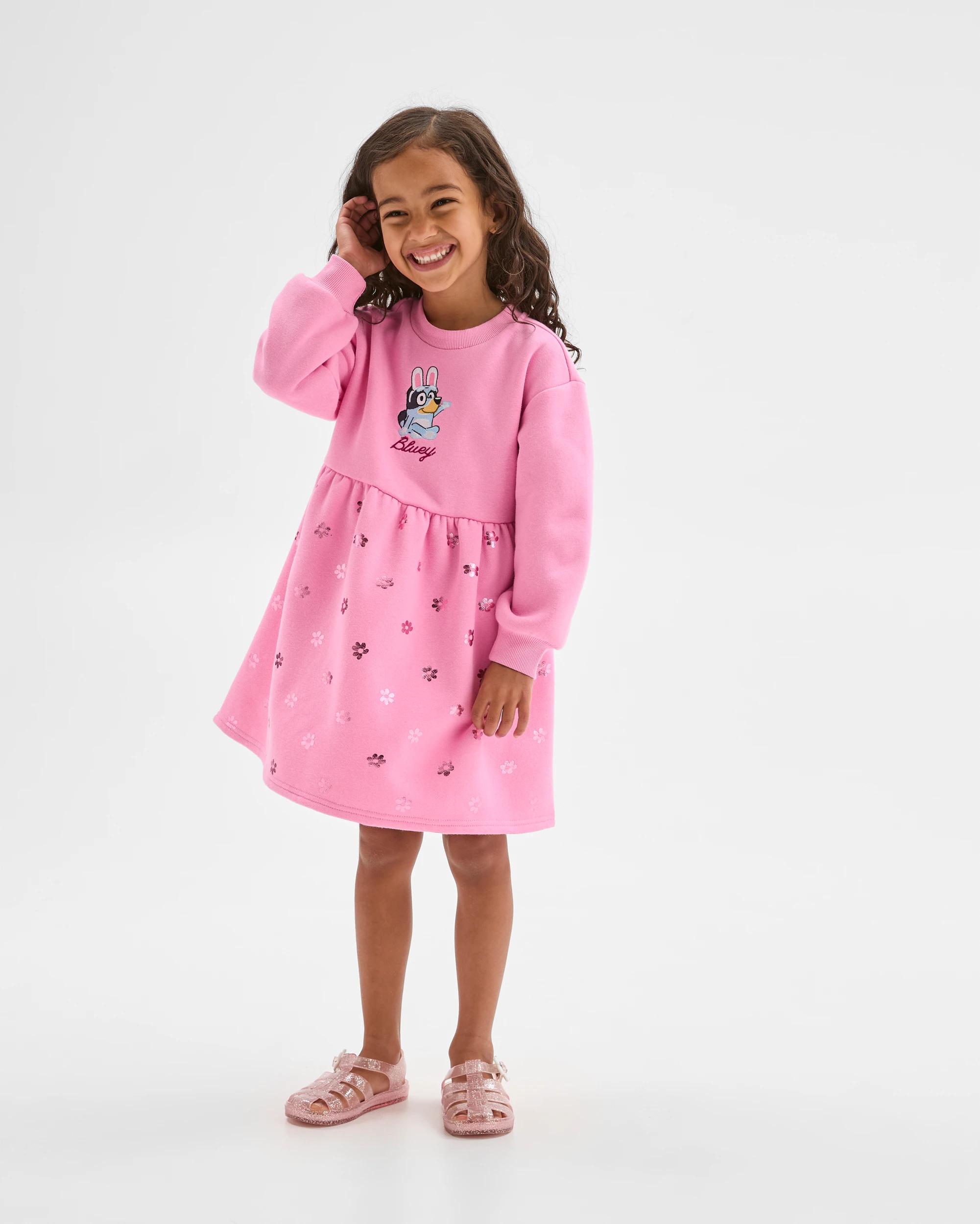1 Easter Bluey Australian Cotton Blend Long Sleeve Fleece Dress PINK, 1 of 6