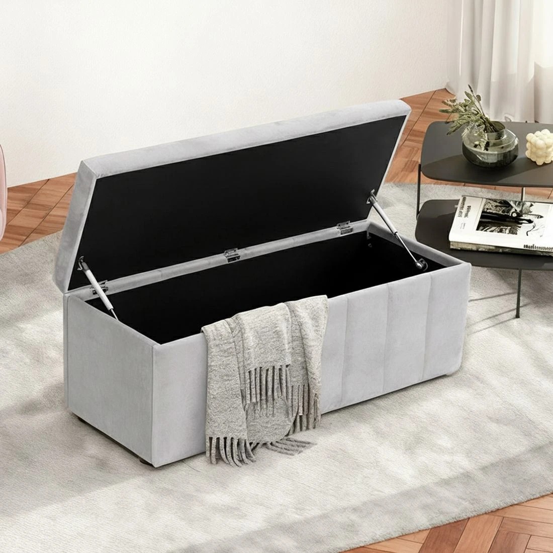 4 Artiss Storage Ottoman Blanket Box Velvet  103cm - Grey, 4 of 6