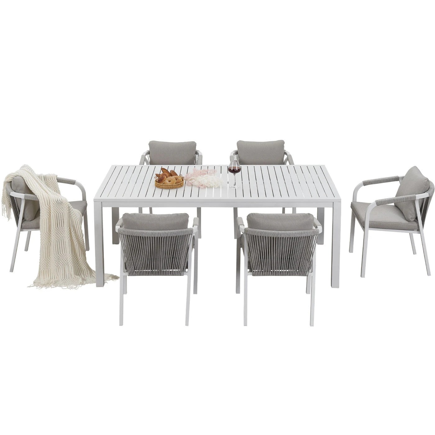 7 Moda Living La Perouse 7-Piece White Aluminium Outdoor Dining Set - Light Beige Cushion - White, 7 of 10