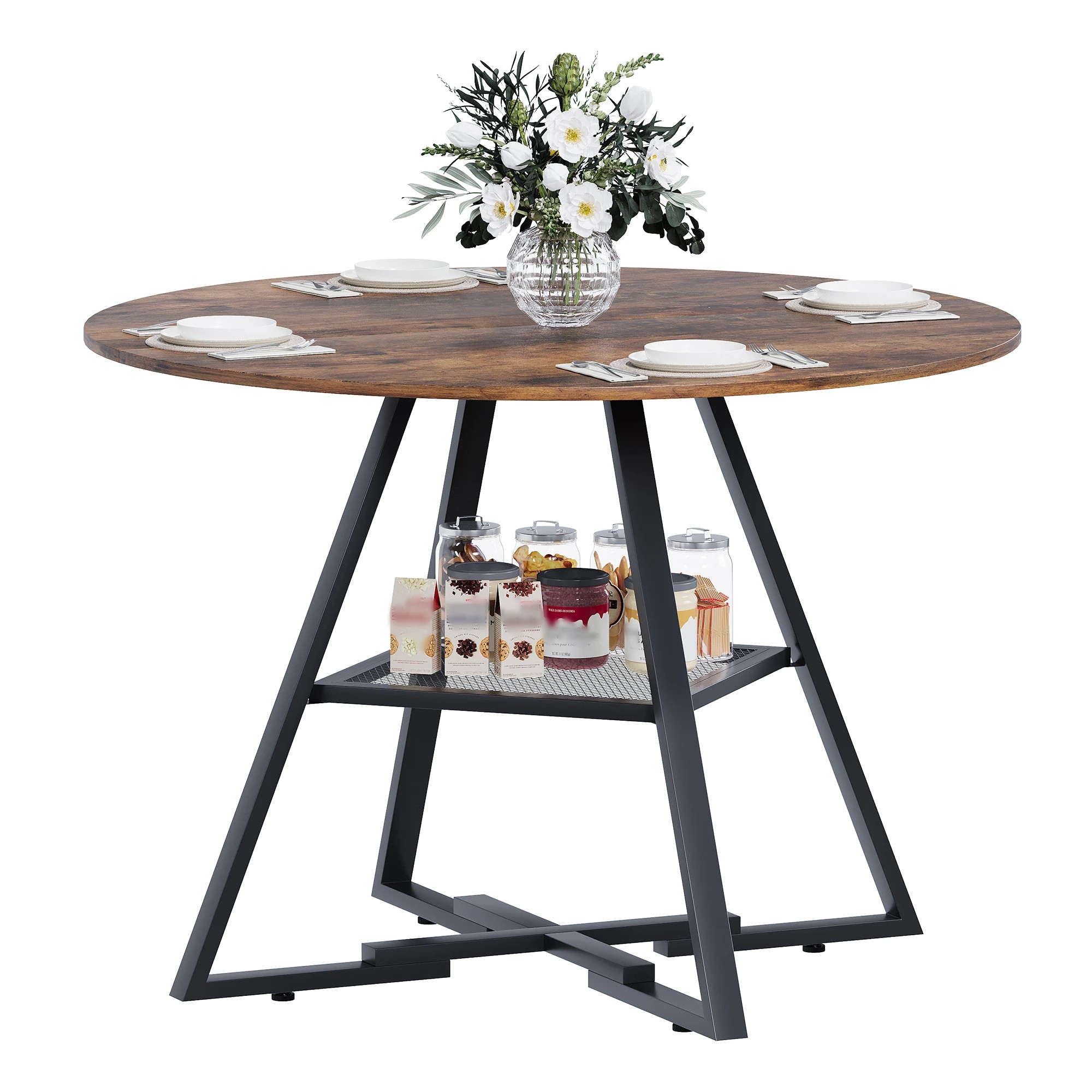 5 Advwin 107cm Round Dining Table for 4-6 People Industrial Kitchen Table Circle Dinner Table - Brown, 5 of 6