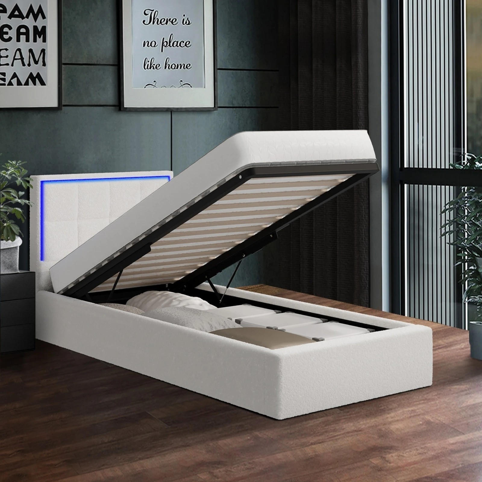 4 Oikiture Bed Frame Single Size RGB LED Gas Lift Storage Base Boucle - White, 4 of 9
