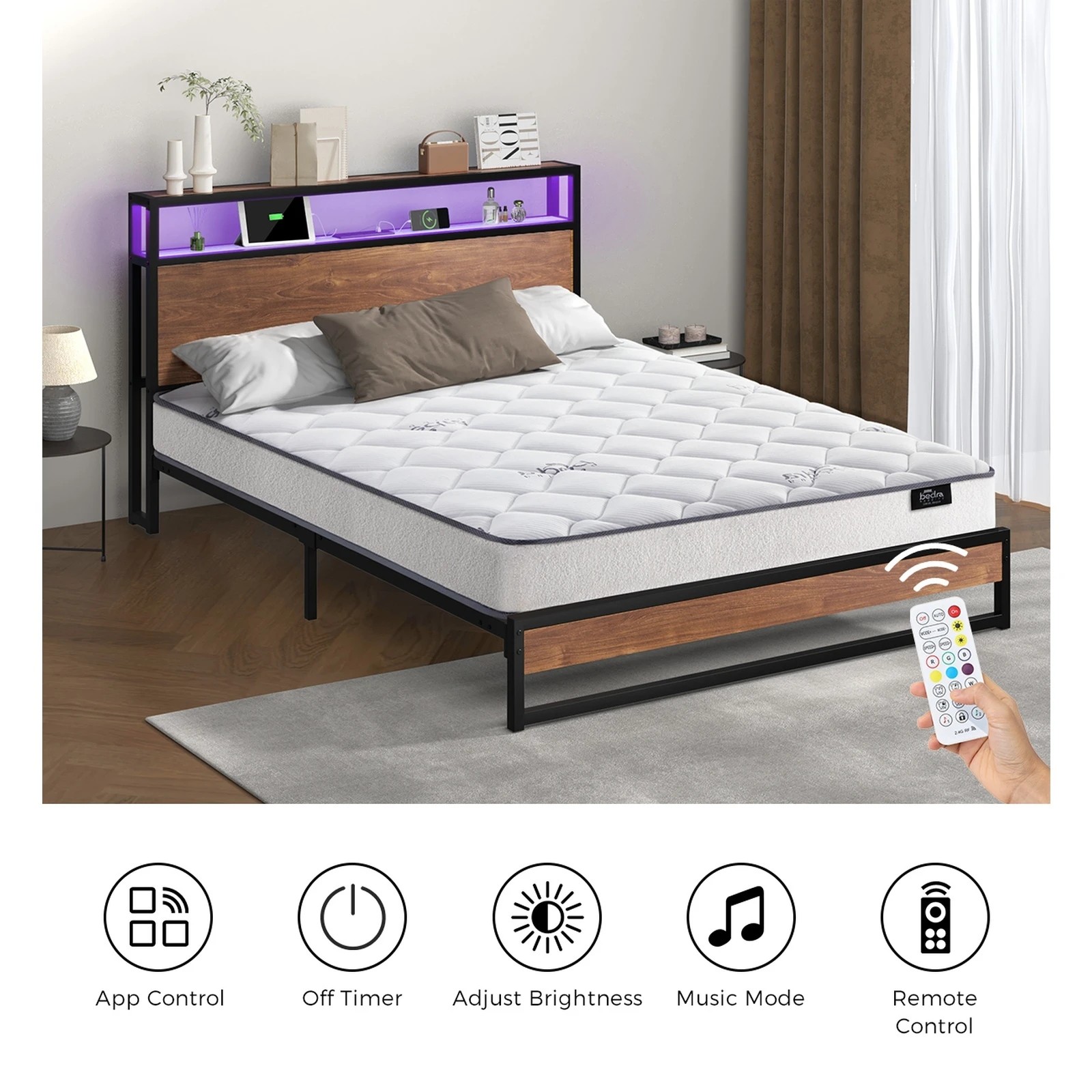 5 Oikiture Metal Bed Frame King Size LED Storage USB with Mattress - Brown, 5 of 10