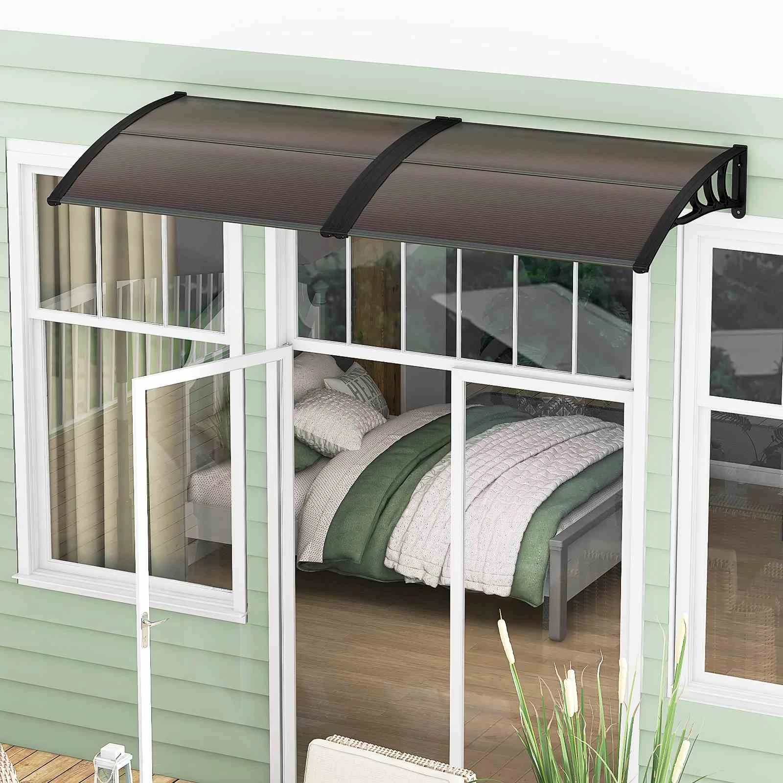 2 Costway 1.2 x 1 M Window Door Awning Outdoor UPF50+ Transparent Canopy - Brown, 2 of 2
