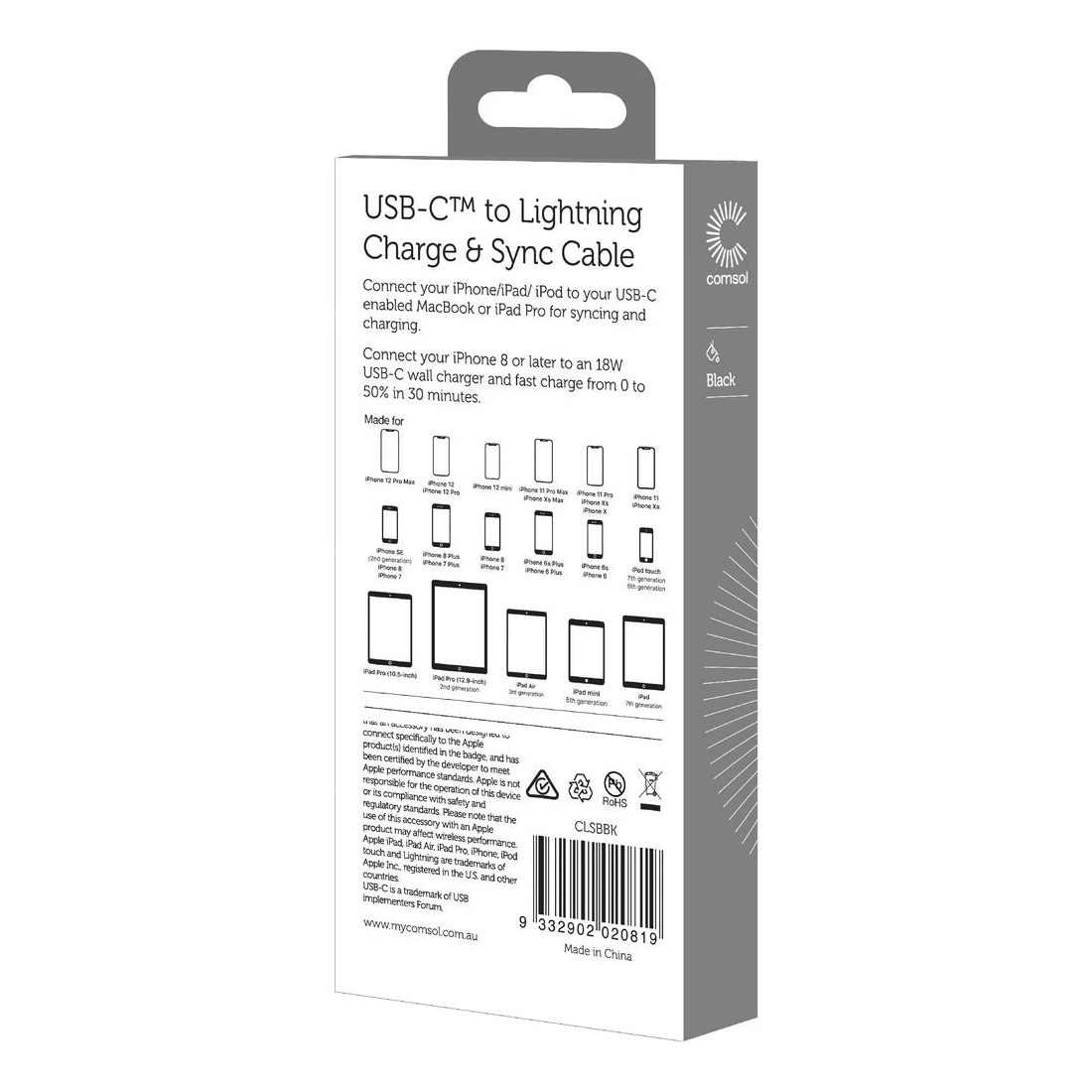 2 Comsol Silicone USB-C to Lightning MFi Cable 25cm Black, 2 of 3