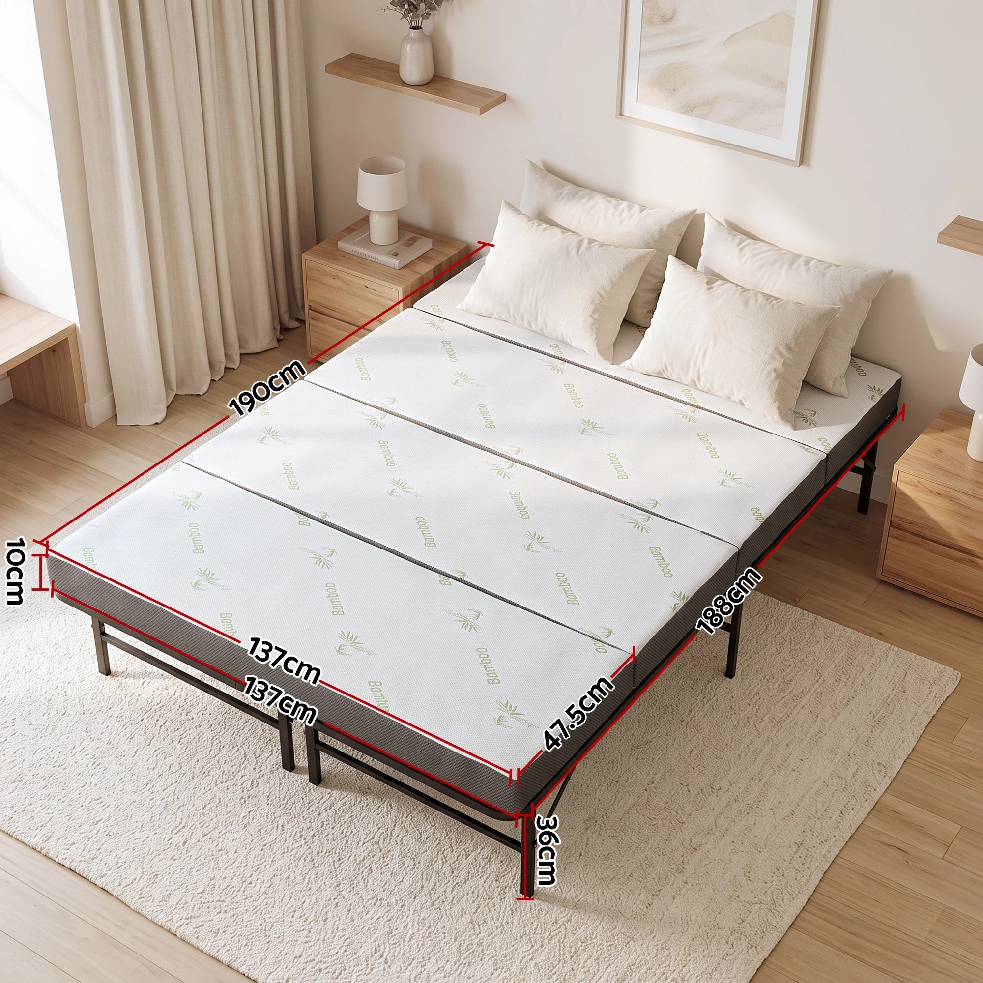 2 Giselle Bedding Folding Bed with Mattress 4 Fold Metal Frame Guest Bed Bamboo Cover - Double Bed - Black, 2 of 9