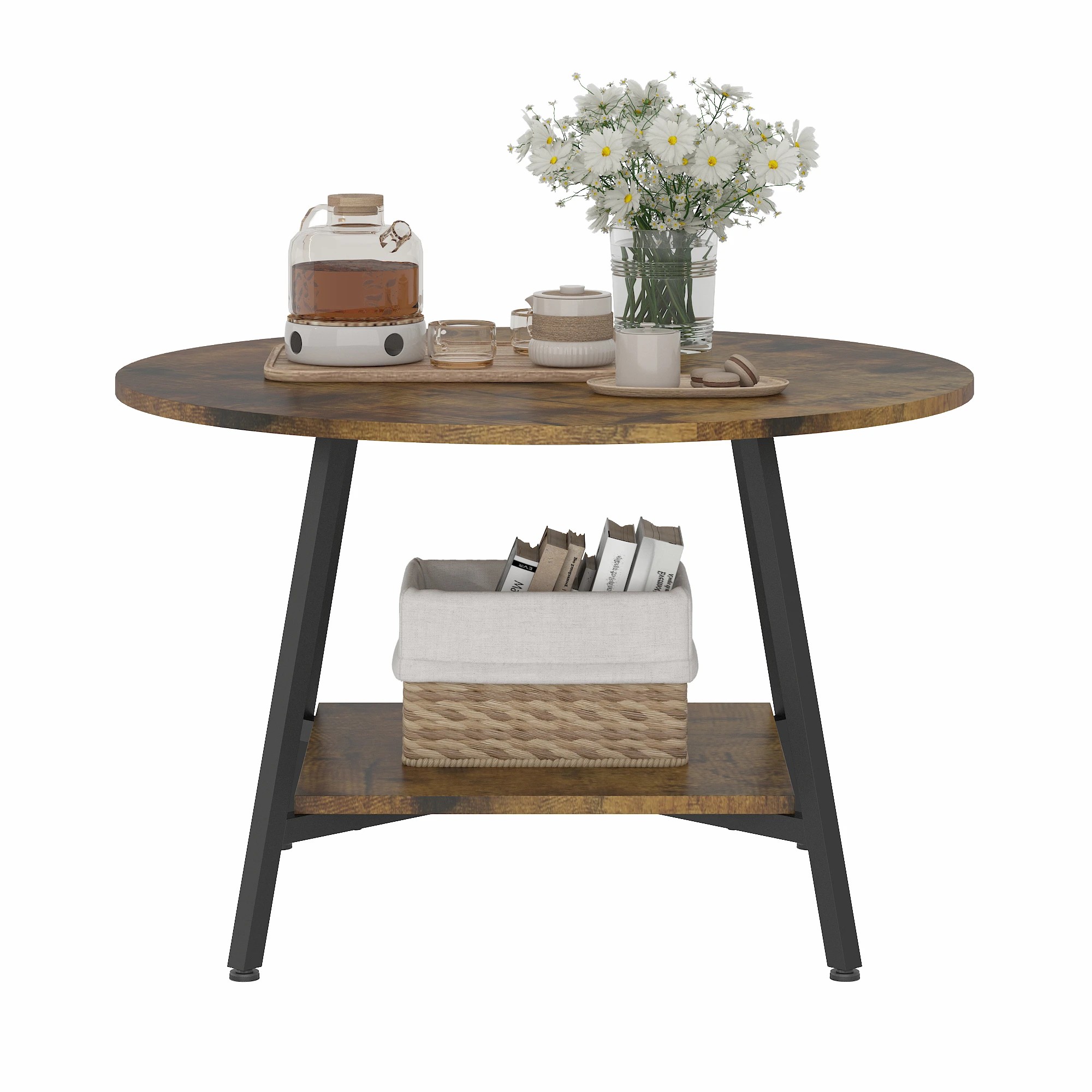 8 Advwin 73cm Round Coffee Table w/ Open Shelf - Brown, 8 of 9