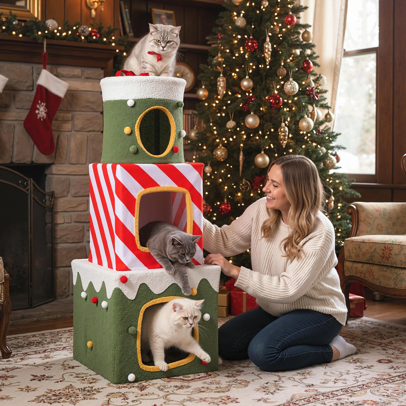 4 Costway 120cm Christmas Cat Tree Large Stackable Gift Box Cat Climbing Furniture, 4 of 7