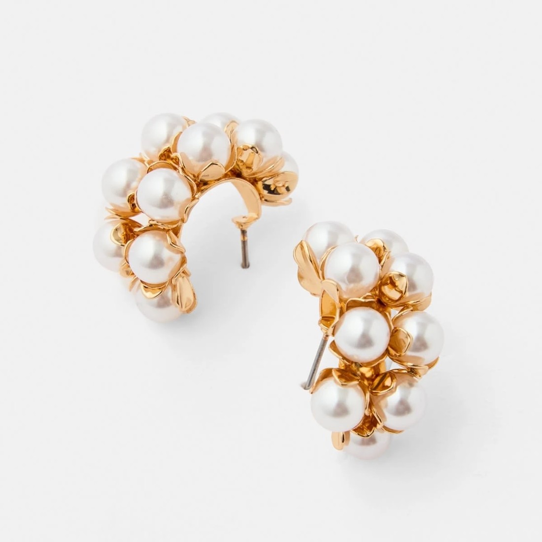 3 2 Rows Faux Pearl Hoop Earrings - Gold Tone and White, 3 of 5