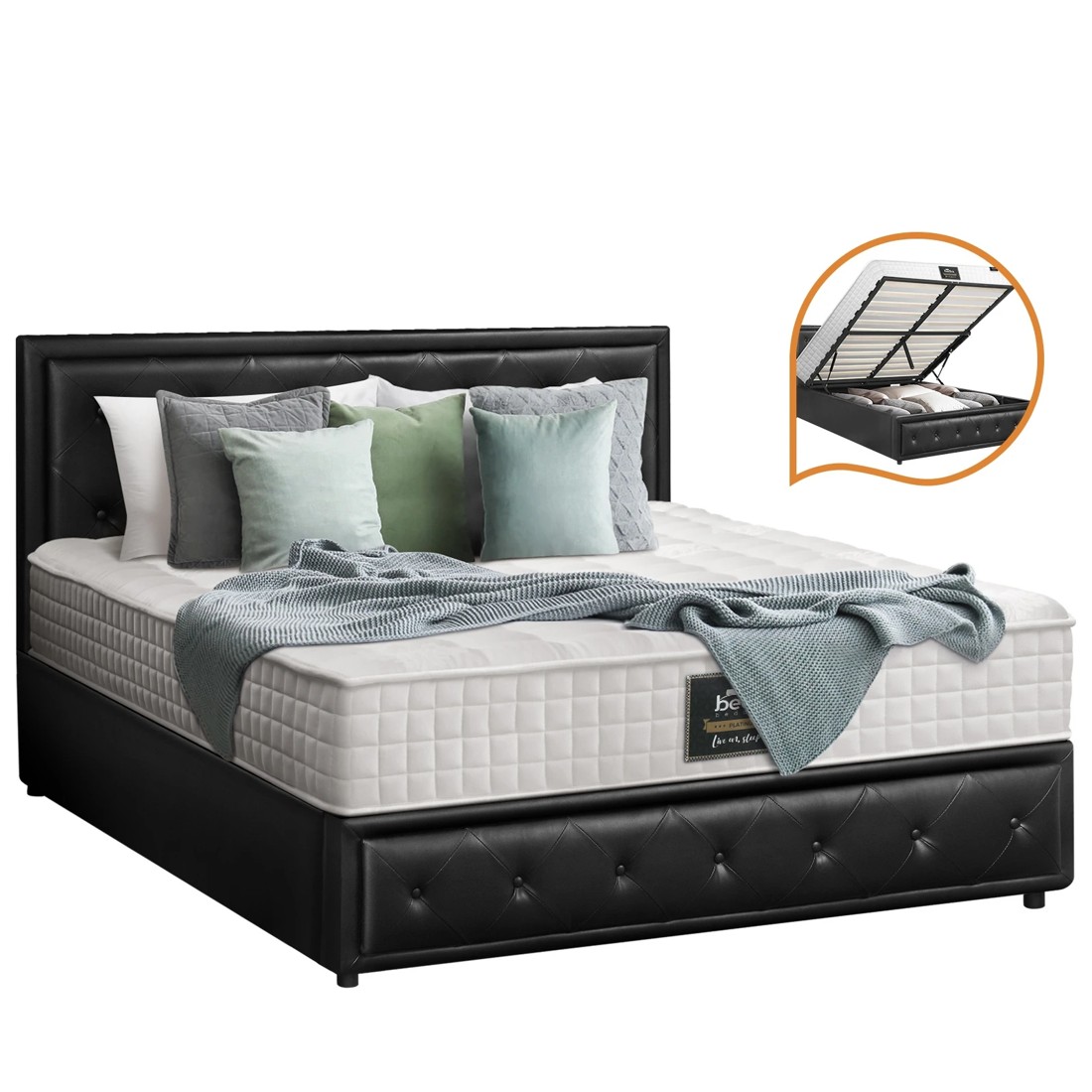 1 Oikiture Queen Bed Gas Lift Storage Base With Mattress Set
 - Black, 1 of 10