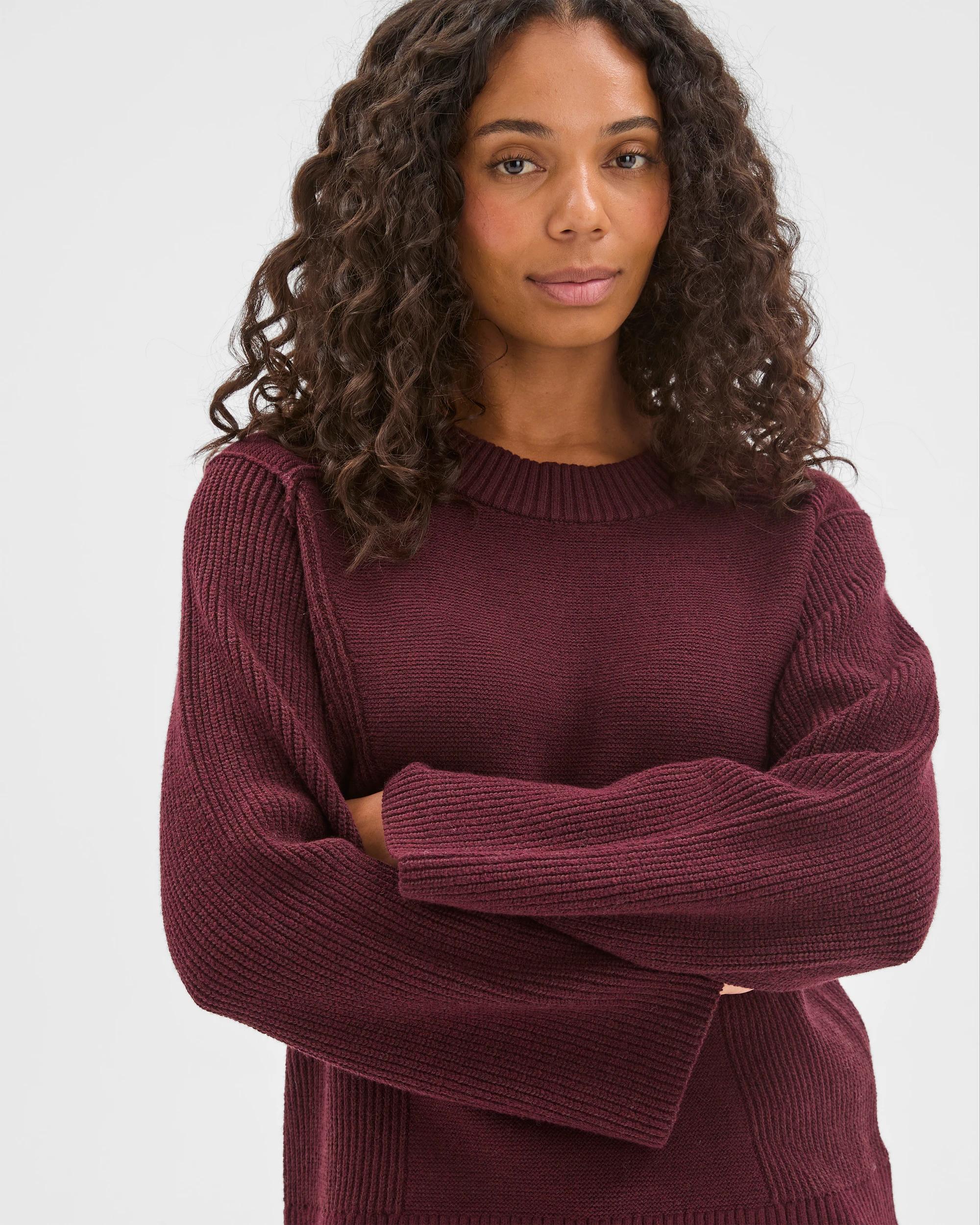 1 Target Woman Australian Cotton Blend Knit Stitch Crew Neck Jumper BORDEAUX BURGUNDY, 1 of 7