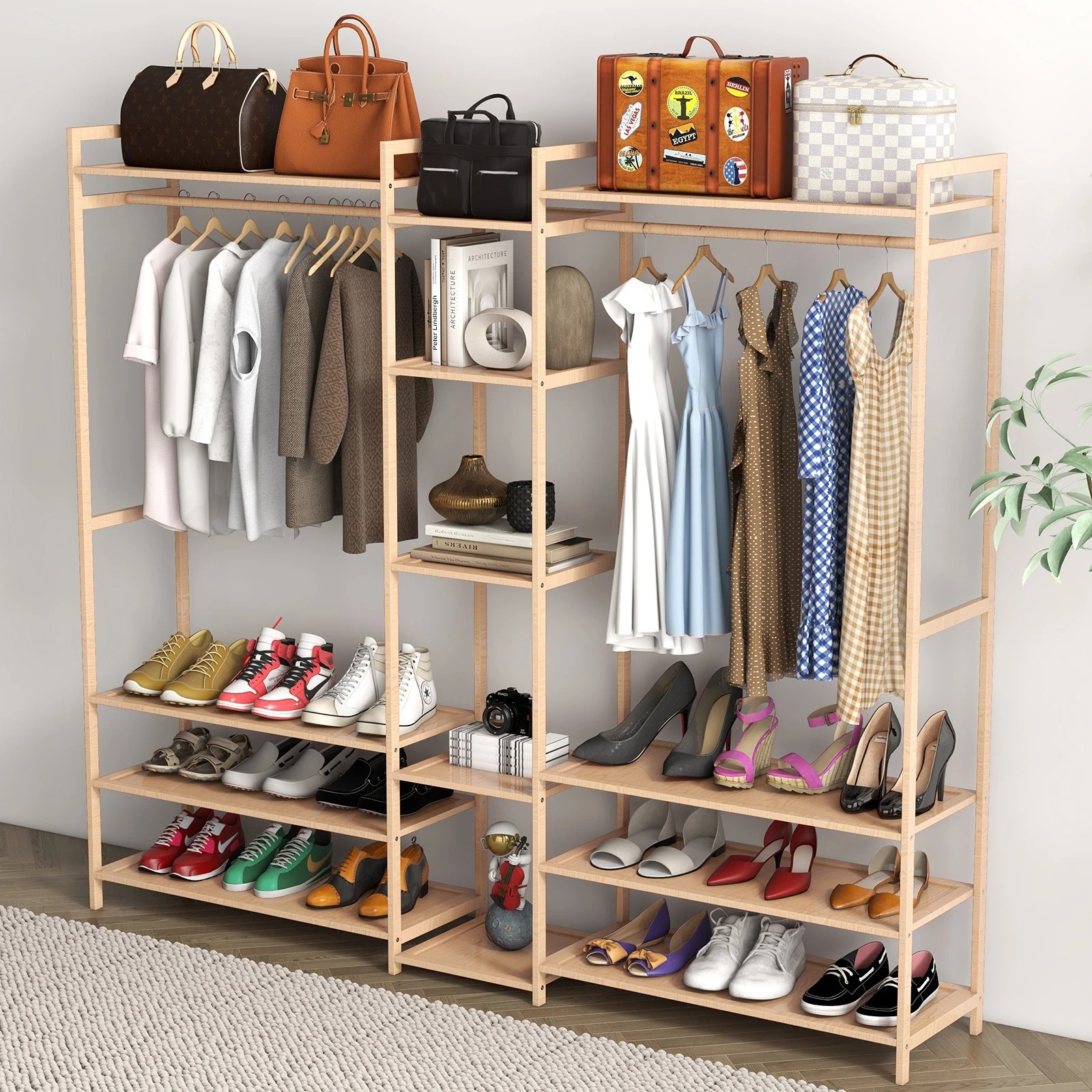 3 Milano Décor Multifunctional Bamboo Clothes Rack Storage Stand Organiser - Brown, 3 of 10
