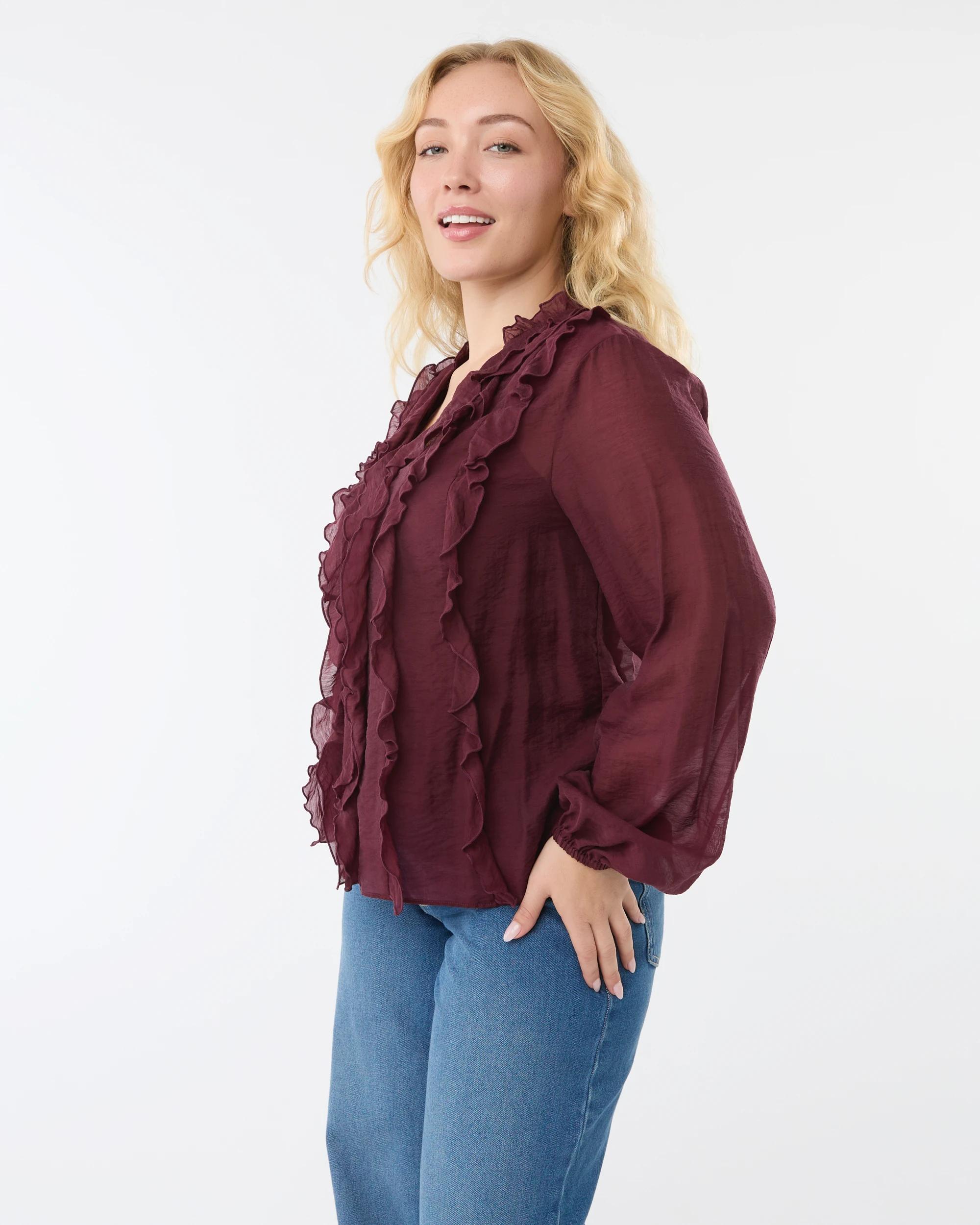 2 Long Sleeve Ruffle Blouse Red Royale, 2 of 7