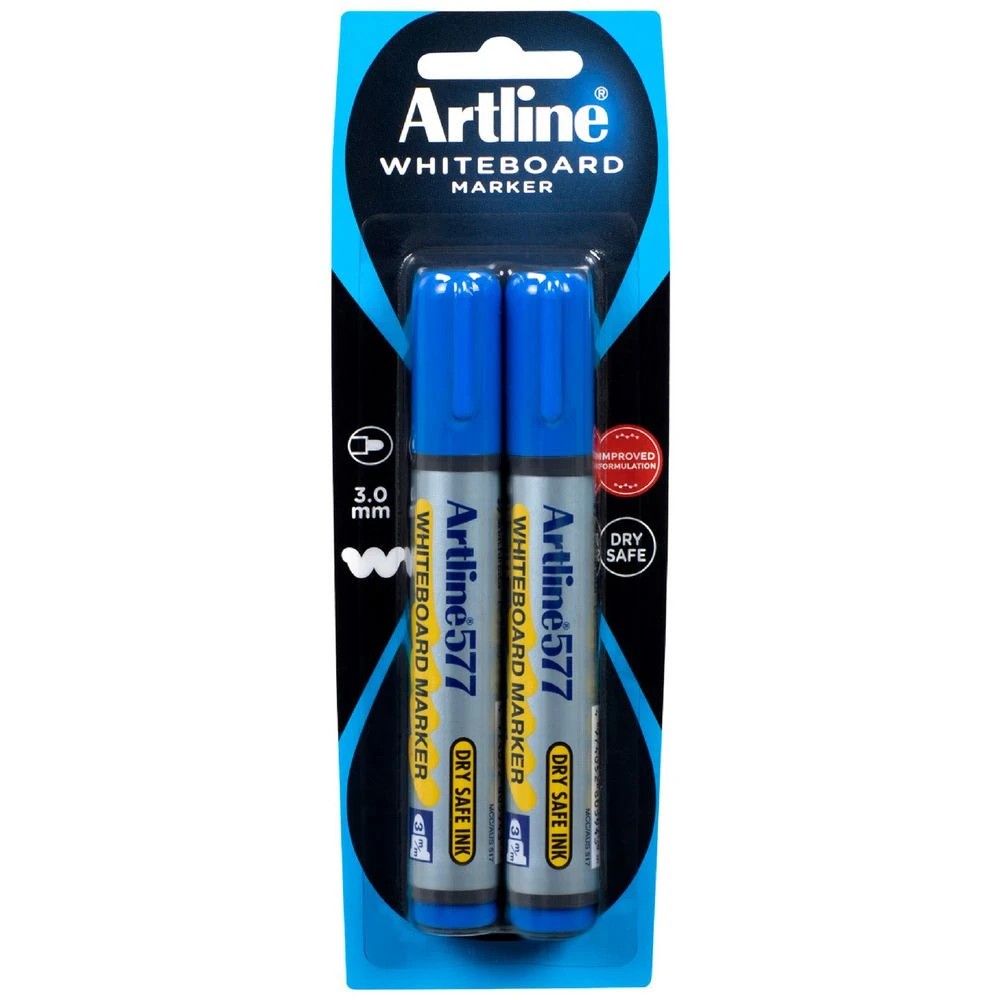 1 Artline 577 Whiteboard Markers Bullet Blue 2 Pack, 1 of 3