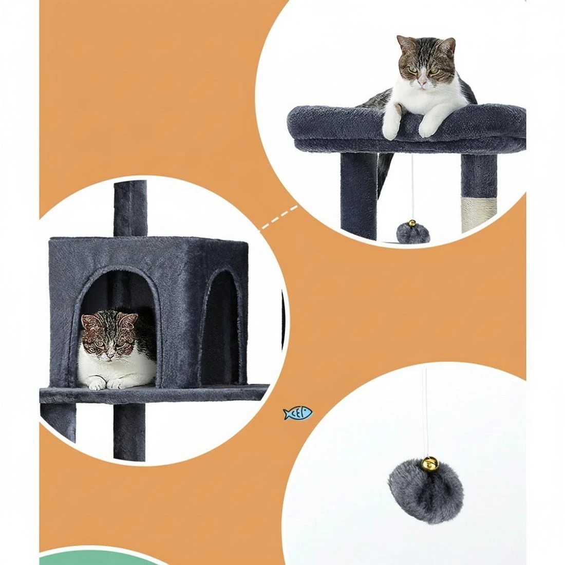 4 i.Pet Cat Tree 138cm Tower Scratching Post Scratcher Trees Condo House - Grey, 4 of 6