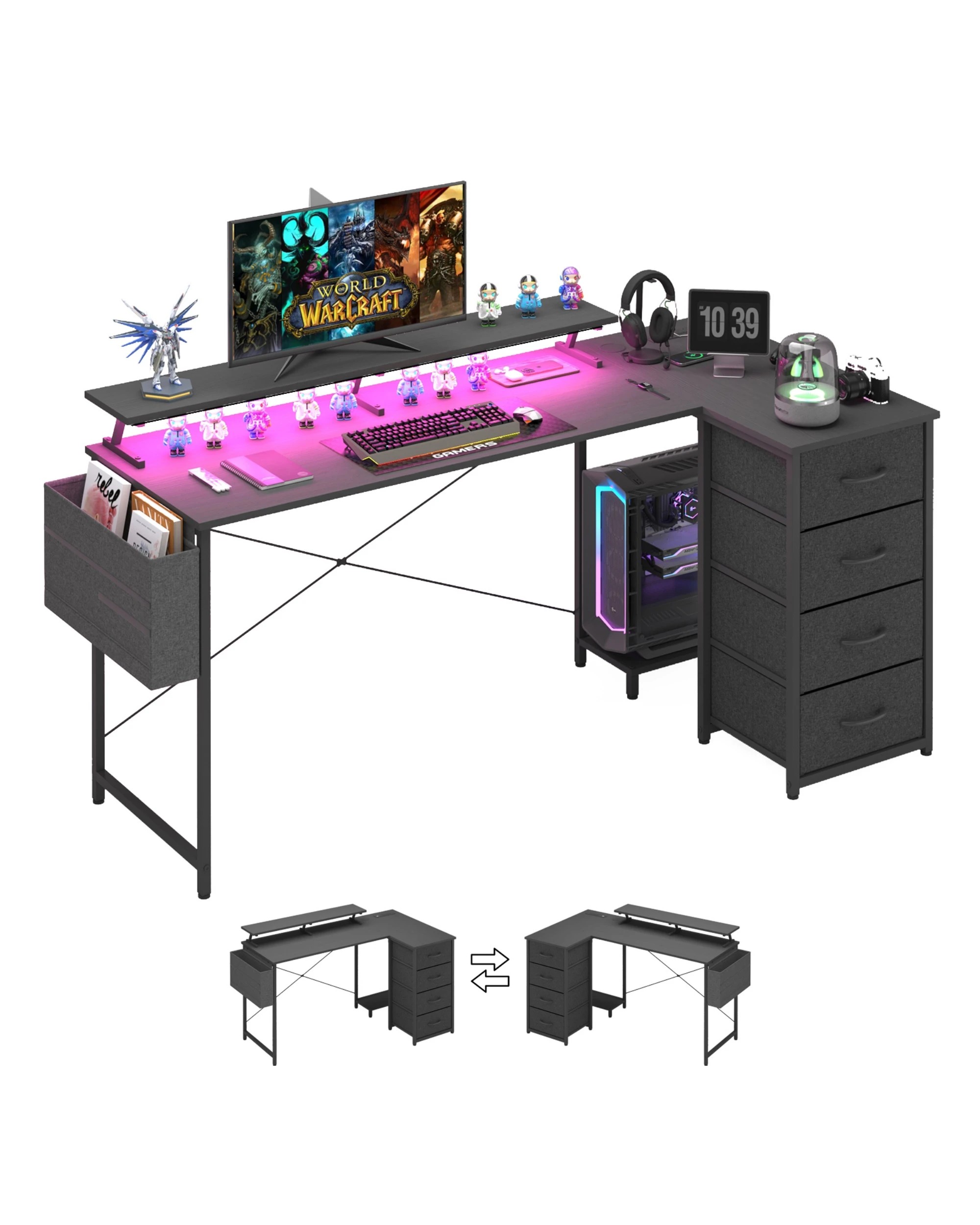 1 Advwin 160cm L Shaped Gaming Desk With Led Lights & Power Outlets Convertible Computer Desk With Monitor Stand - Black, 1 of 6