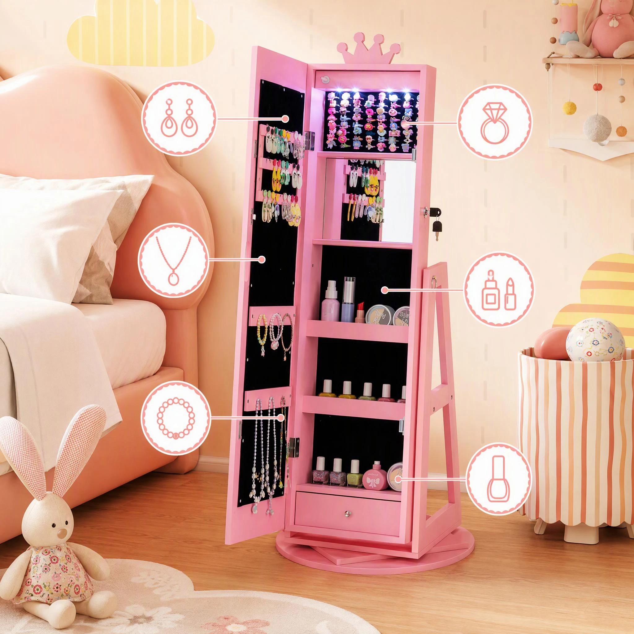 7 Costway Swivel Mirror Jewellery Cabinet Jewelry Organizer Standing Box Princess Armoire - Pink, 7 of 9