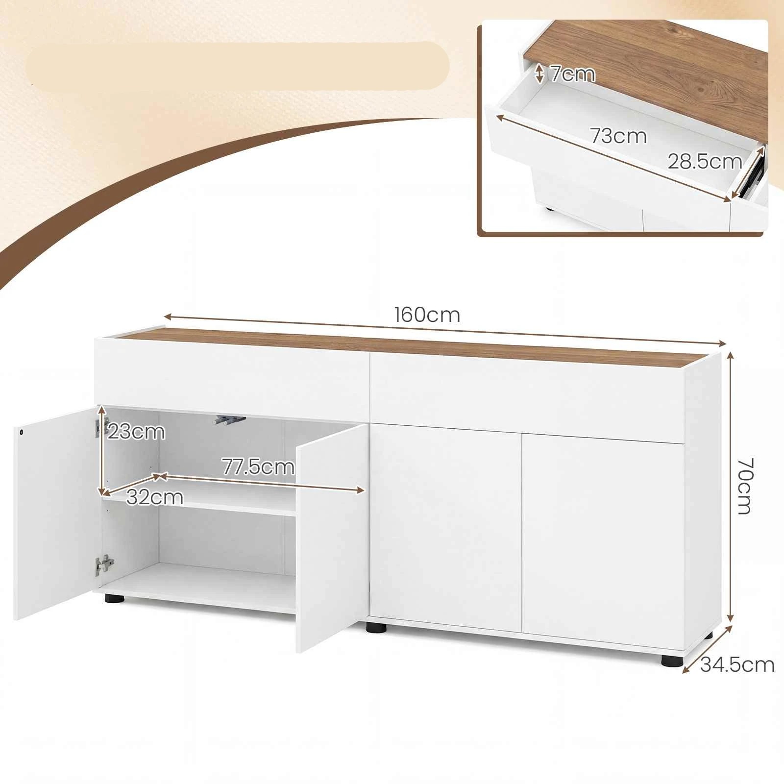 2 Costway 160cm Sideboard Buffet Cabinet Storage Wooden Coffee Bar 70"TV Stand - White, 2 of 3