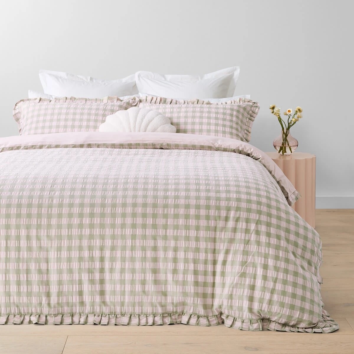 1 Gingham Ruffle Cotton Quilt Cover Set - Double Bed, Sage and Pink, 1 of 6