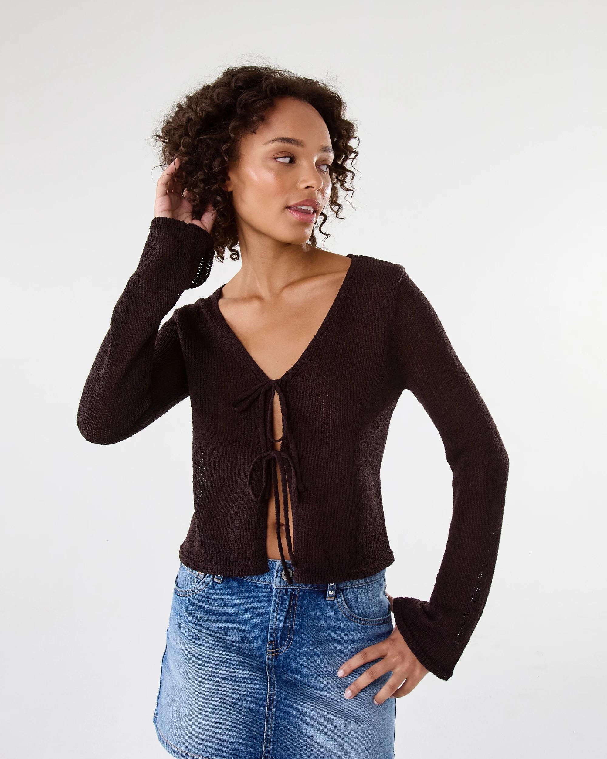 1 Long Sleeve Open Tie Knit Cardigan Choc Plum, 1 of 7