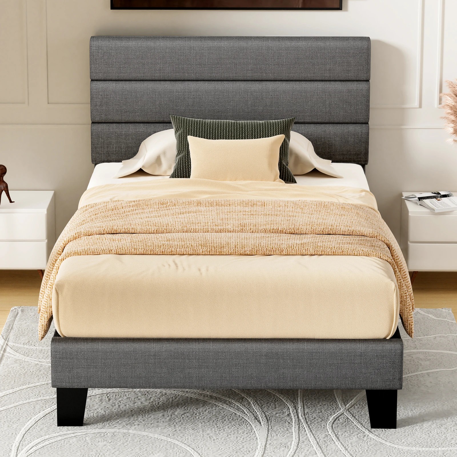 3 Alfordson Bed Frame Single Size Upholstered Platform Fabric Harlene - Grey, 3 of 10