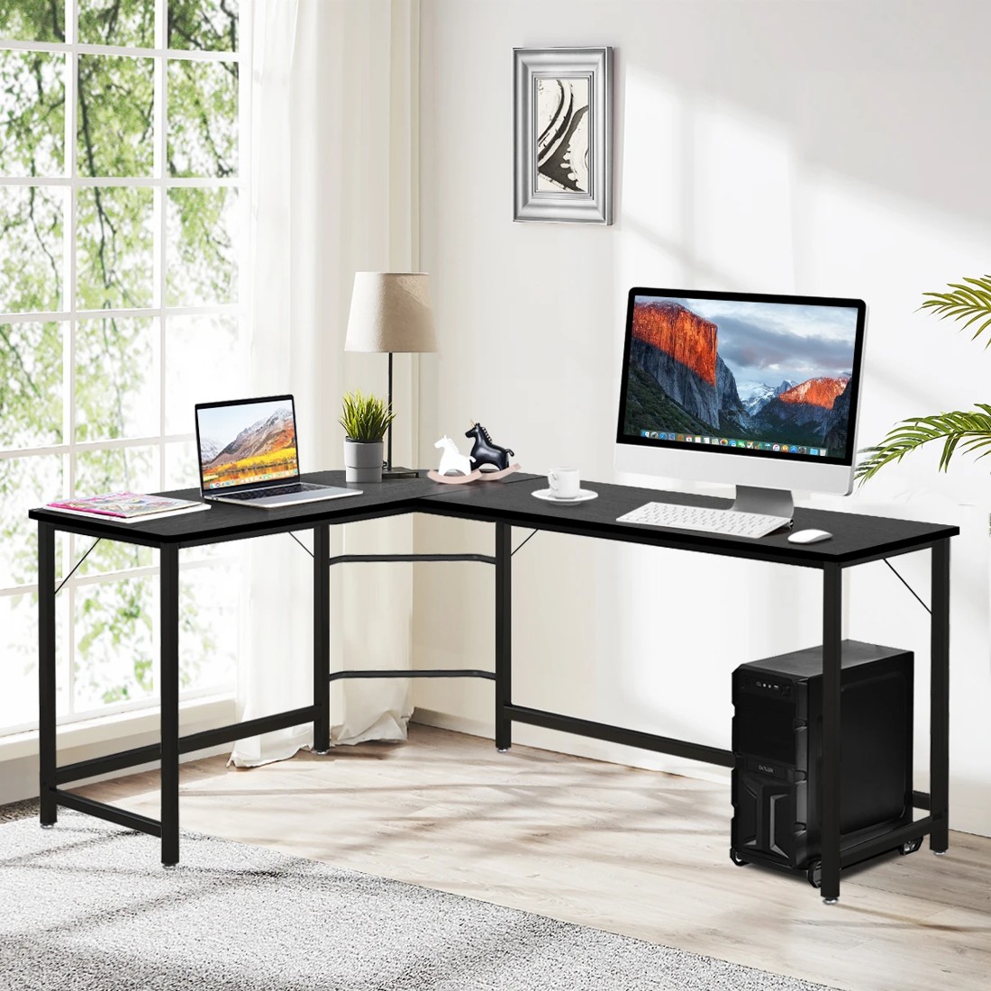 7 Costway L-shaped Computer Desk Home Office Desk w/CPU Stand - Black, 7 of 8